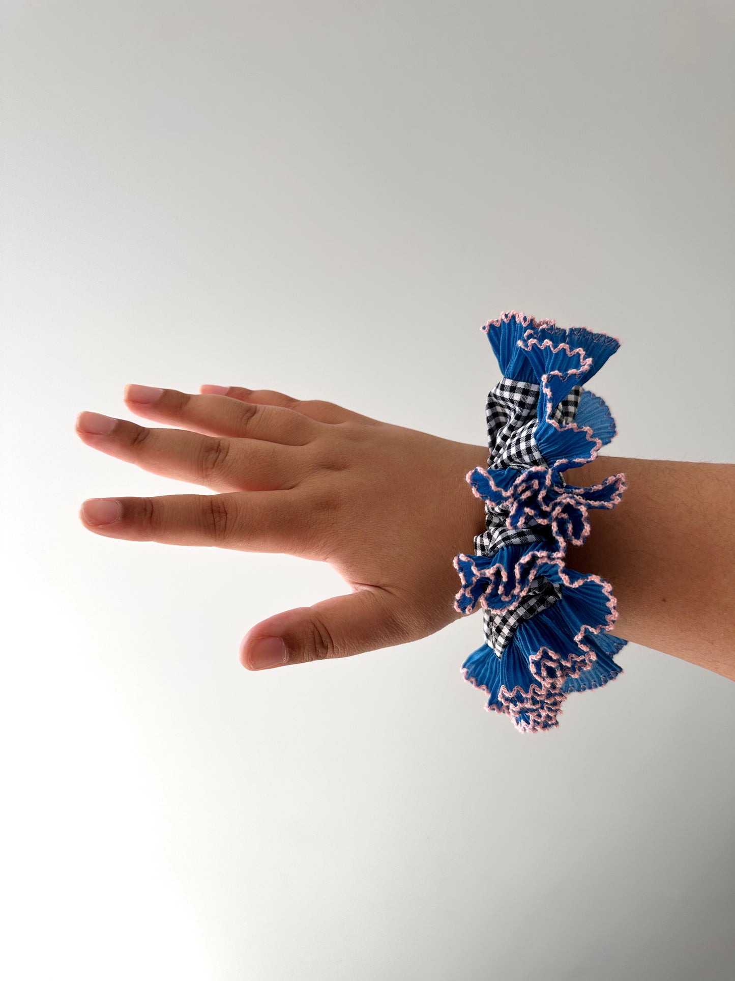 Handmade XL Black Gingham Scrunchie with Blue and Pink Frill Trim