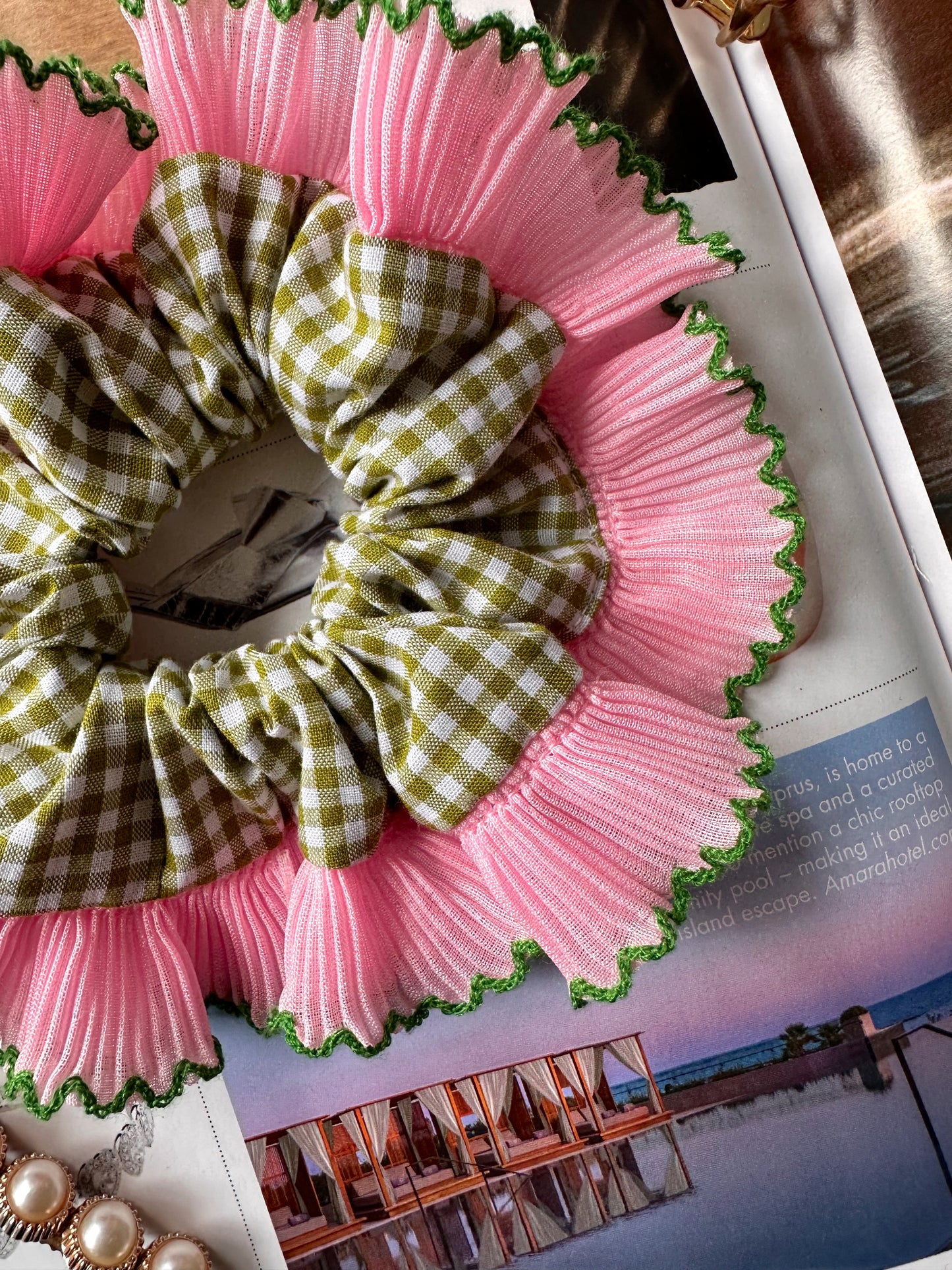 Mini Oversized Olive Green Gingham Scrunchie with Light Pink Frill Trim