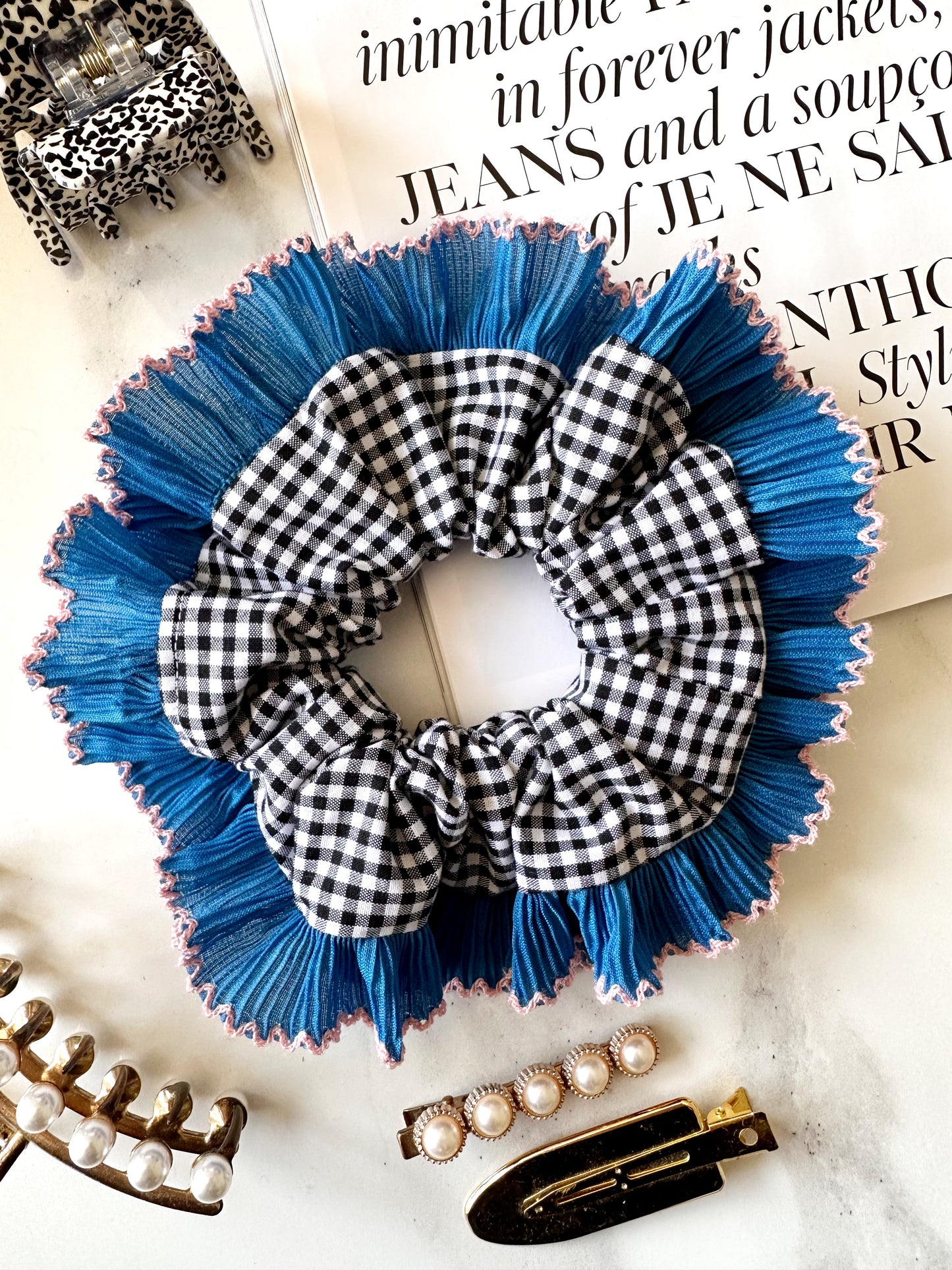 Handmade XL Black Gingham Scrunchie with Blue and Pink Frill Trim