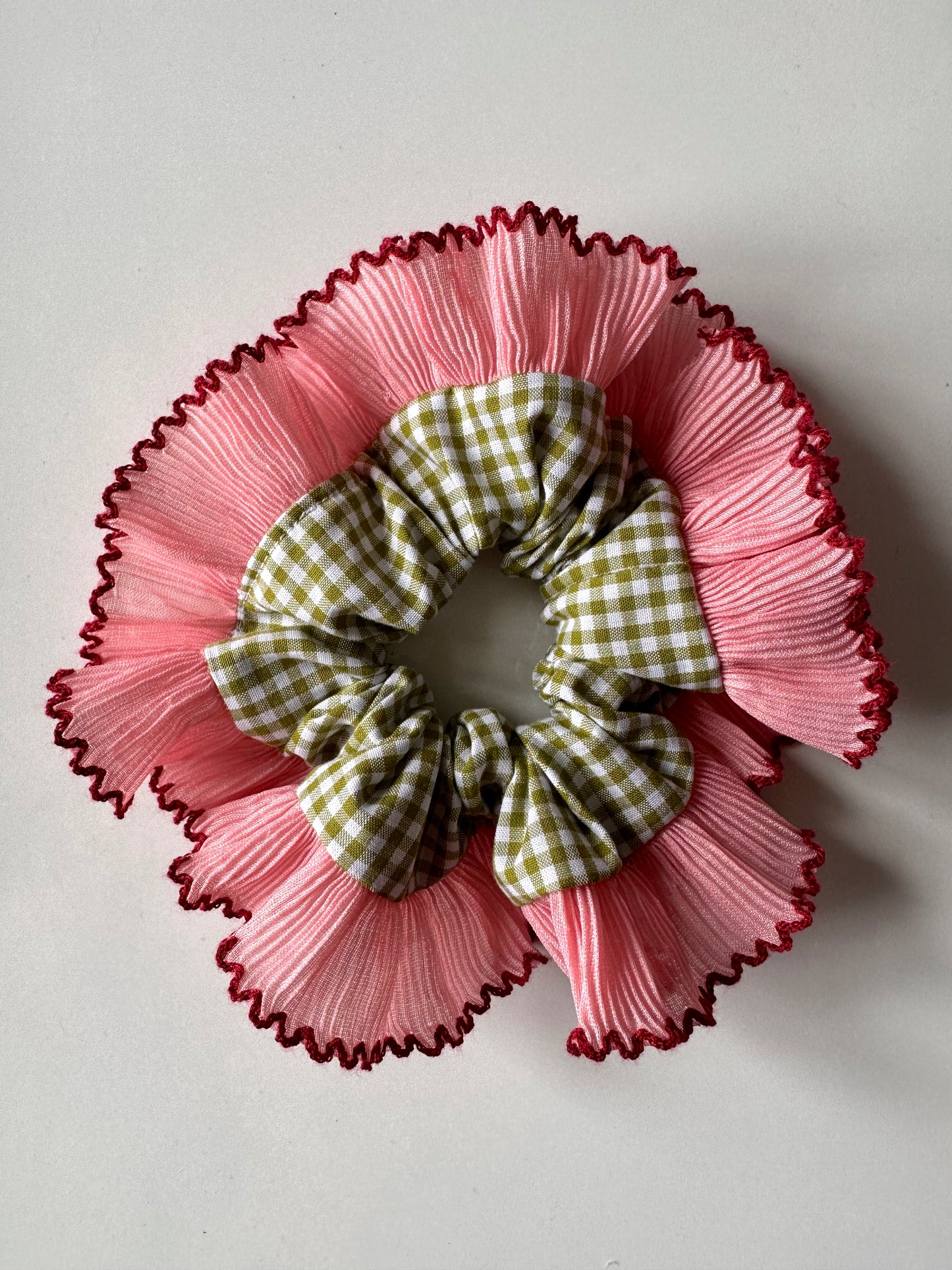 Mini Oversized Olive Green Gingham Scrunchie with Pink Frill Trim