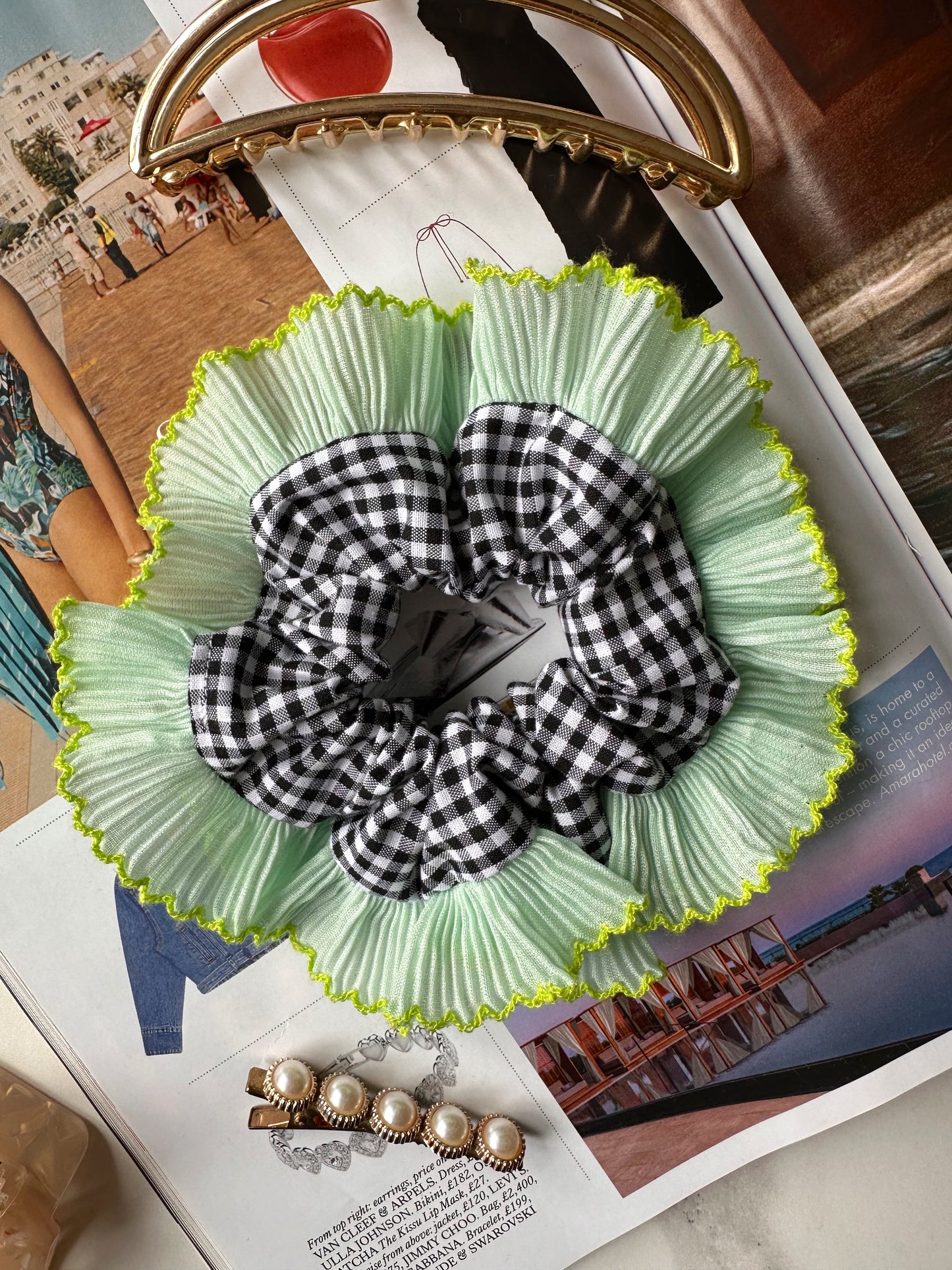 Mini Oversized Black Gingham Scrunchie with Green Frill Trim