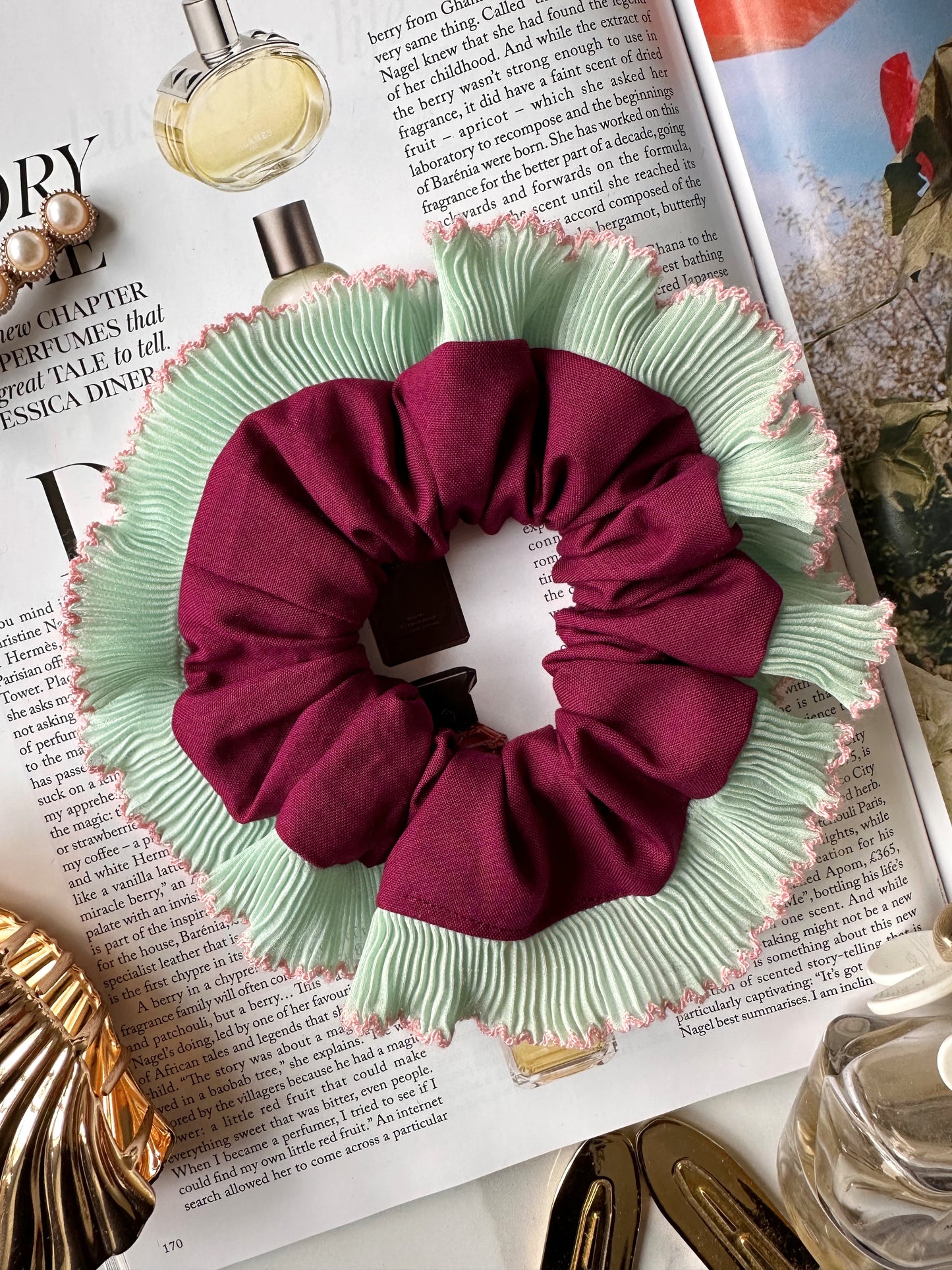 Purple Scrunchie with Green and Pink Frill Trim
