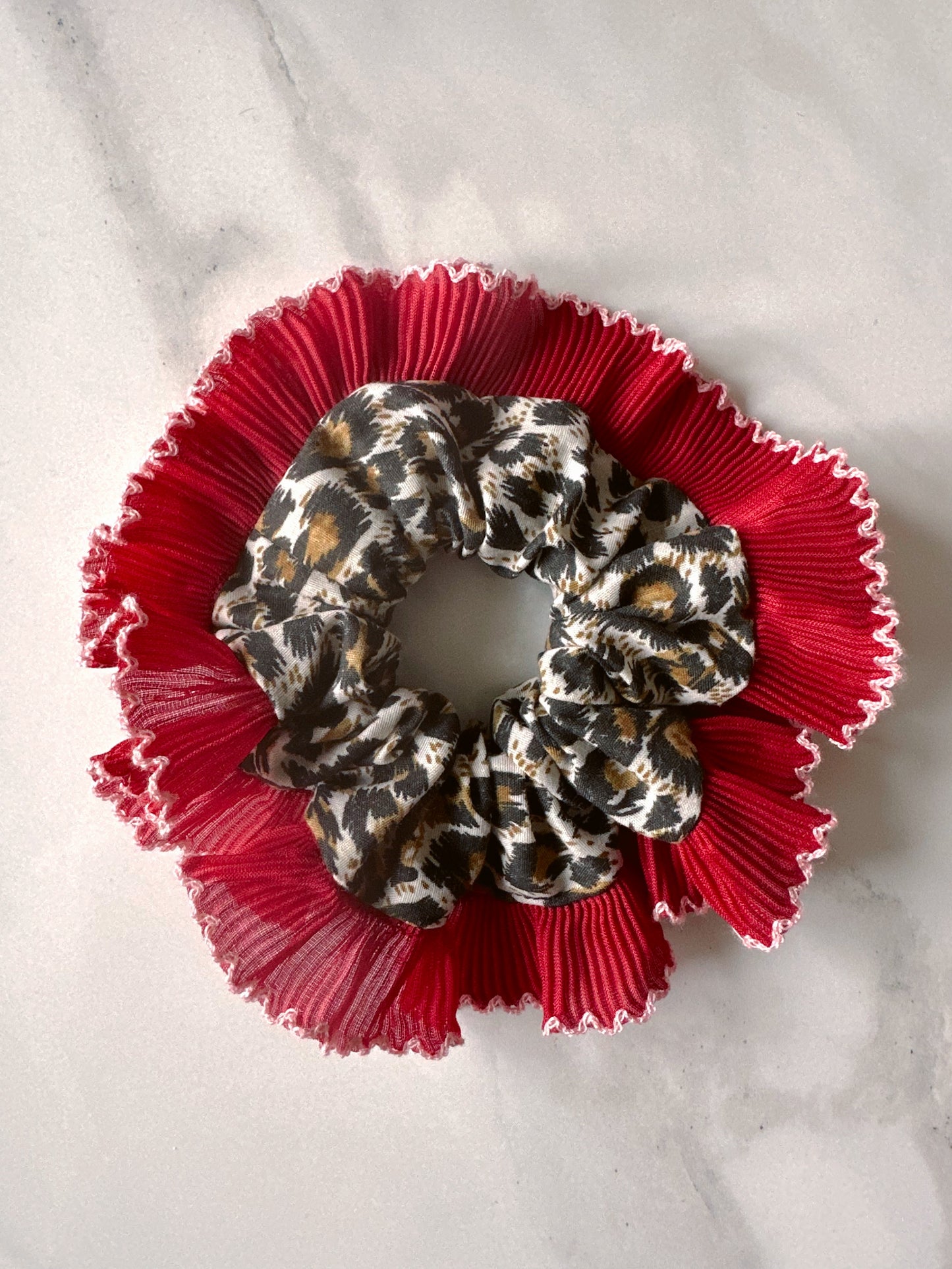 Mini Oversized Leopard Print Scrunchie with a Red Frill Trim