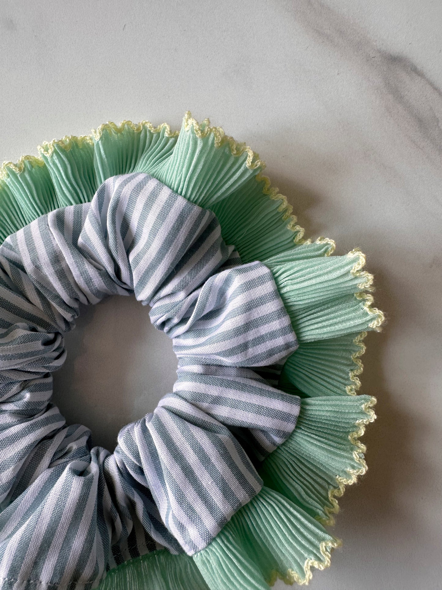 Blue Striped Scrunchie with Green and White Frill Trim