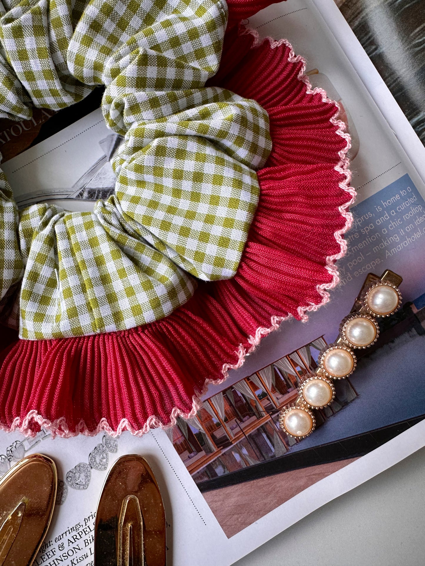 Olive Green Gingham Scrunchie with Red and White Frill Trim