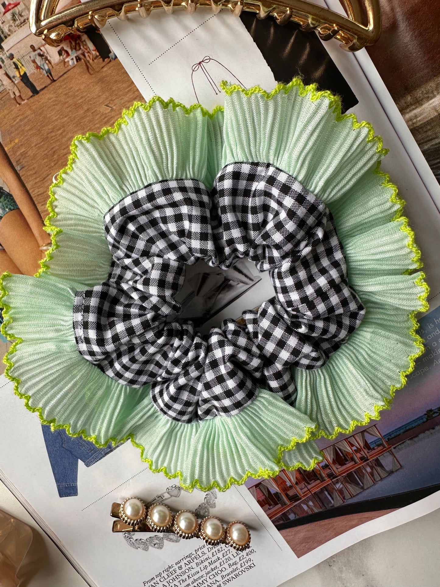 Mini Oversized Black Gingham Scrunchie with Green Frill Trim