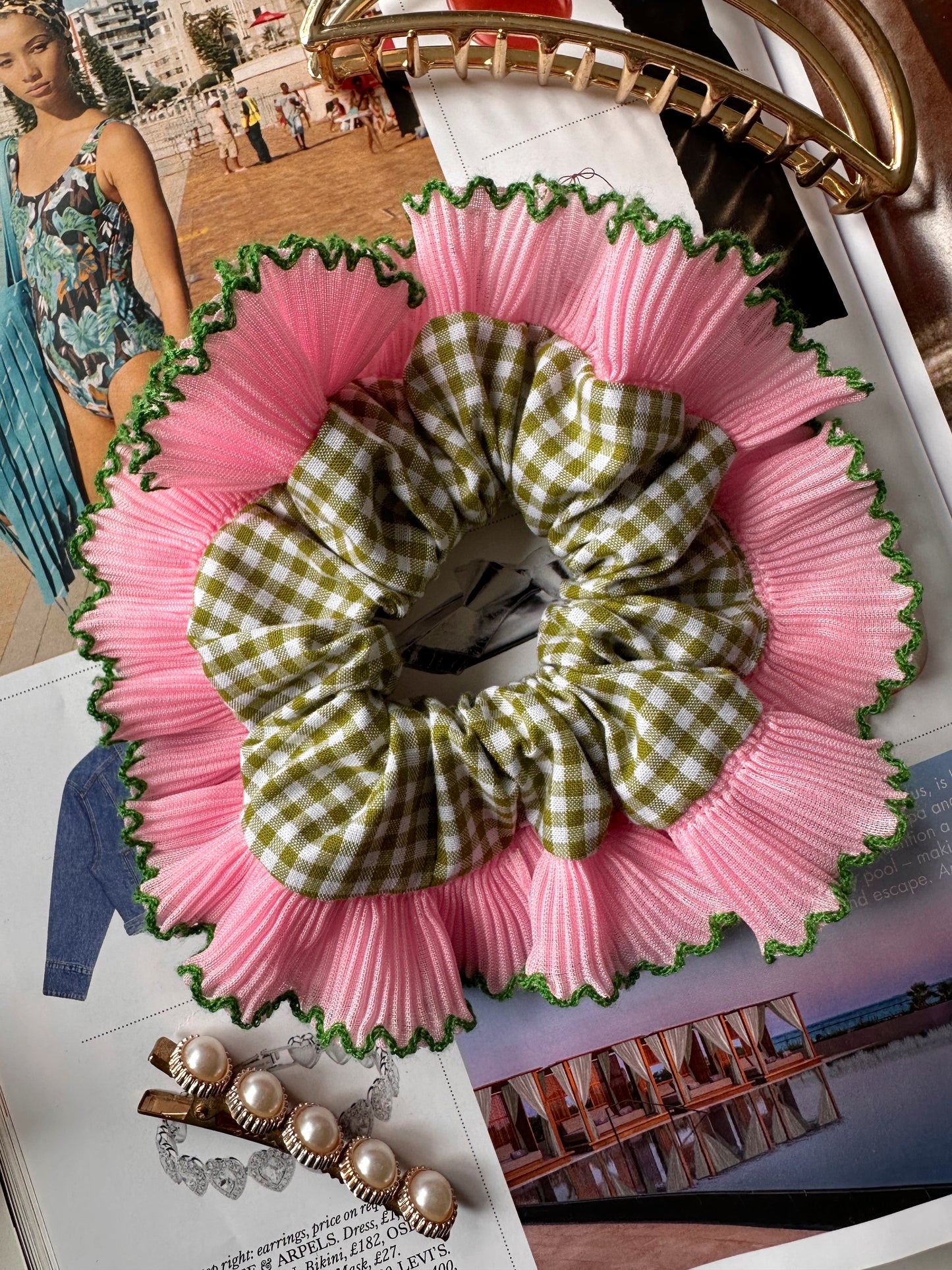Mini Oversized Olive Green Gingham Scrunchie with Light Pink Frill Trim