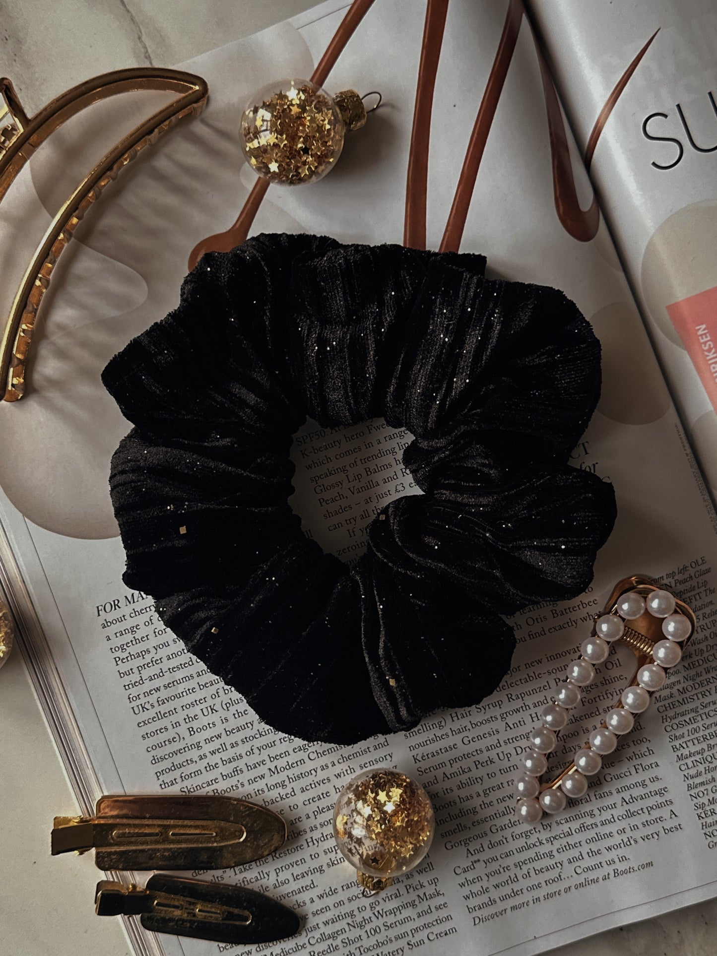 Black Ribbed Velvet & Gold Glitter Scrunchie
