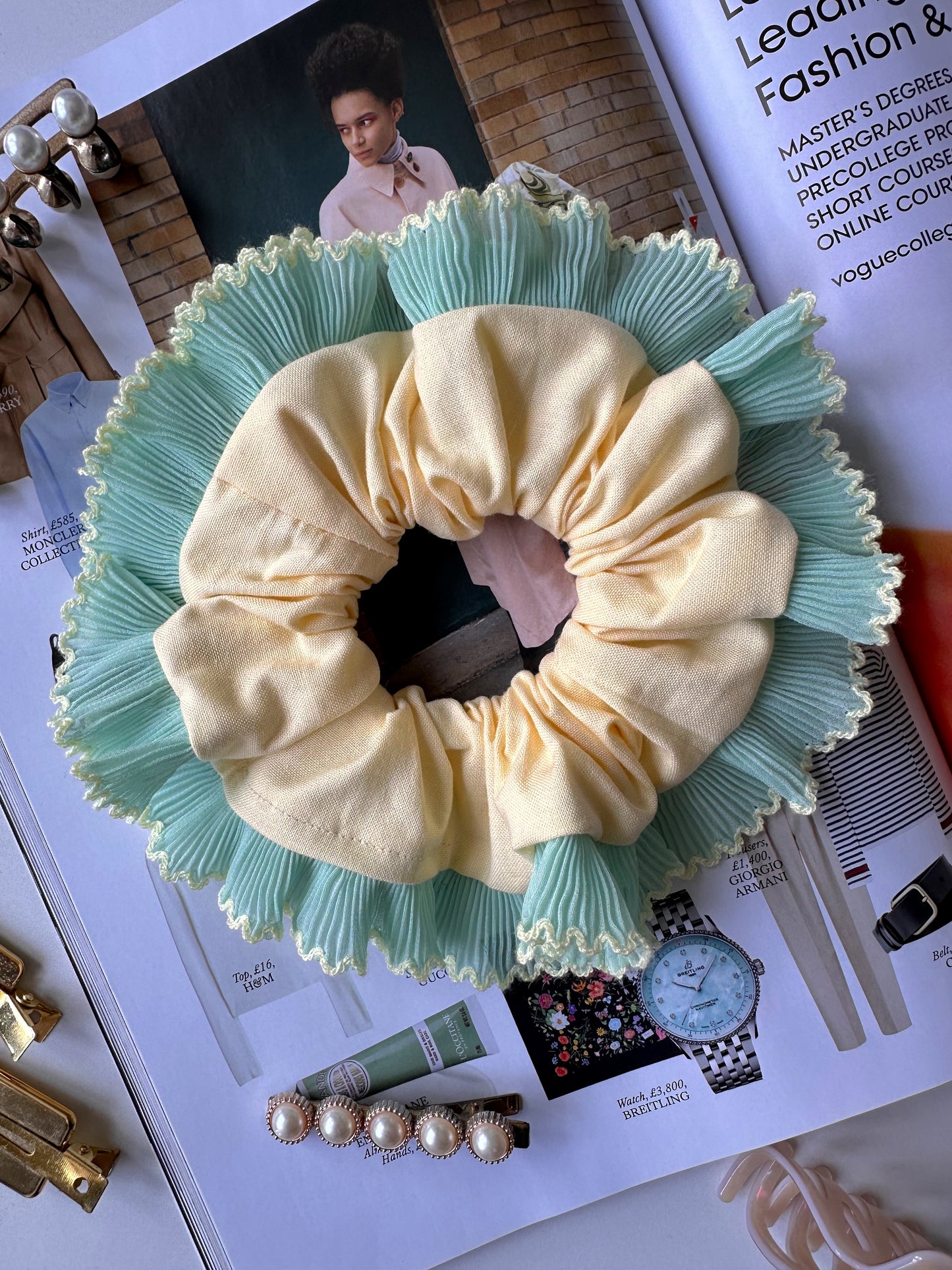 Oversized Butter Yellow Scrunchie with Mint Green Frill Trim