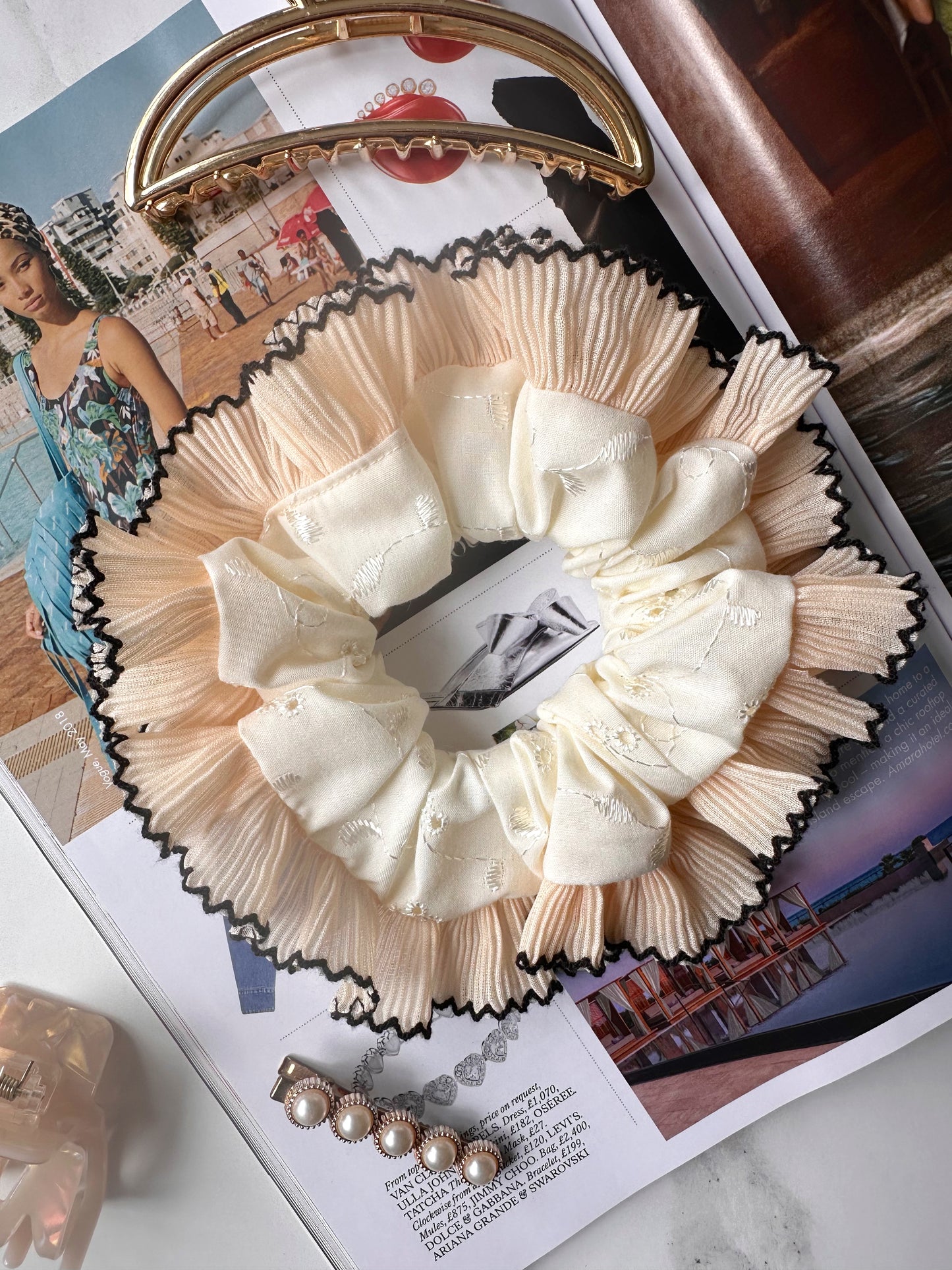 Cream Broderie Anglaise Scrunchie with Cream and Black Frill Trim