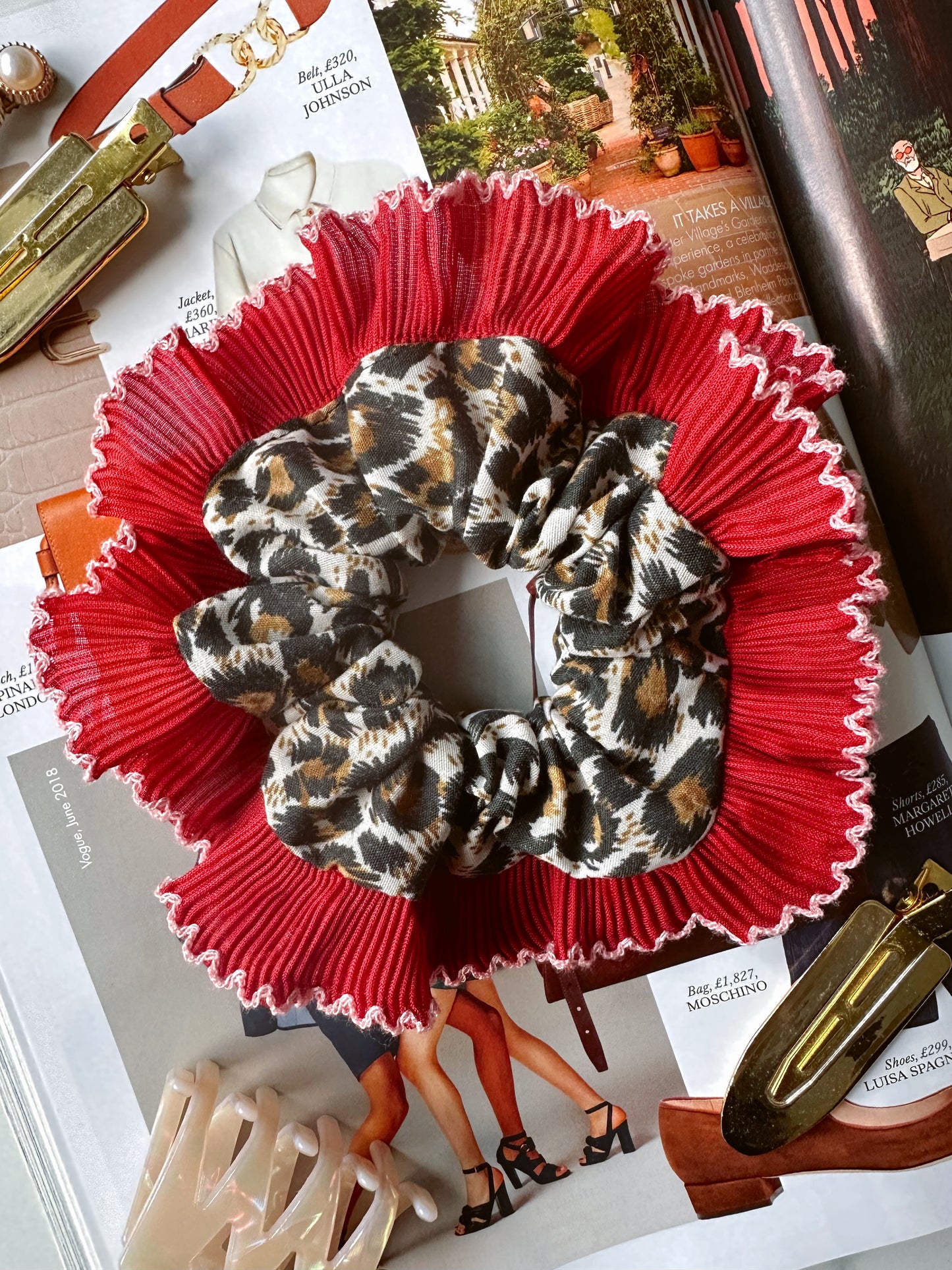 Mini Oversized Leopard Print Scrunchie with a Red Frill Trim