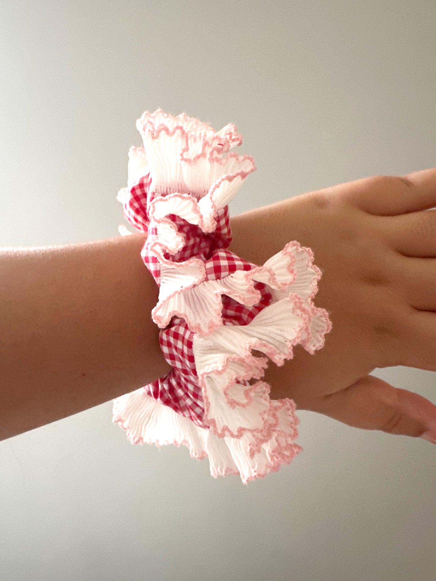 Handmade XL Red Gingham Scrunchie with White and Pink Frill Trim