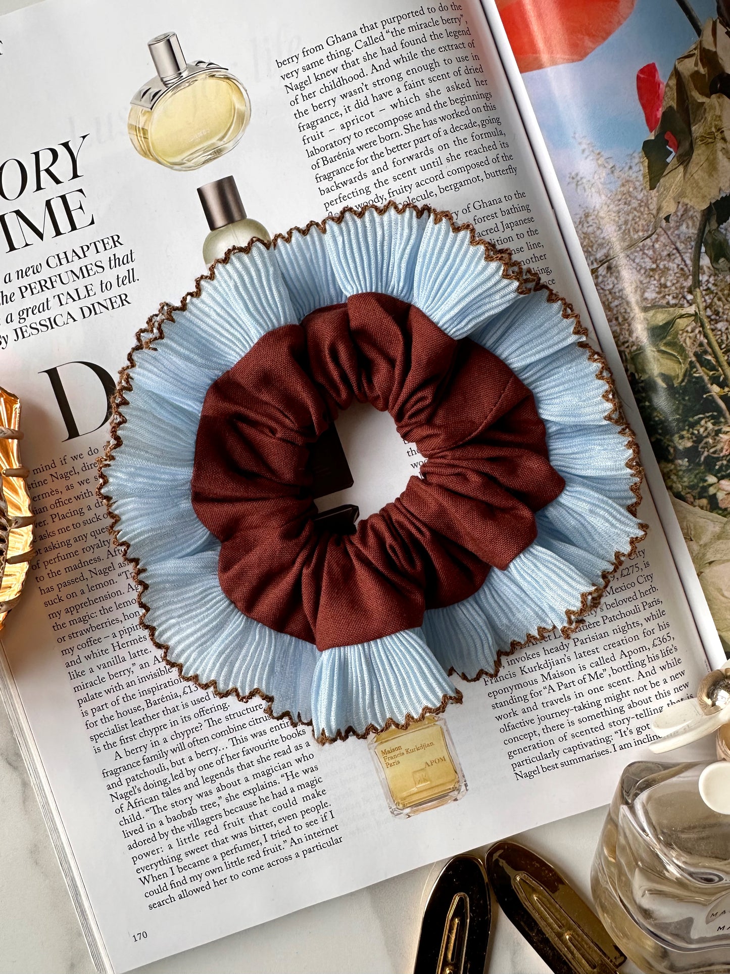 Mini Oversized Brown Scrunchie with Baby Blue Frill Trim