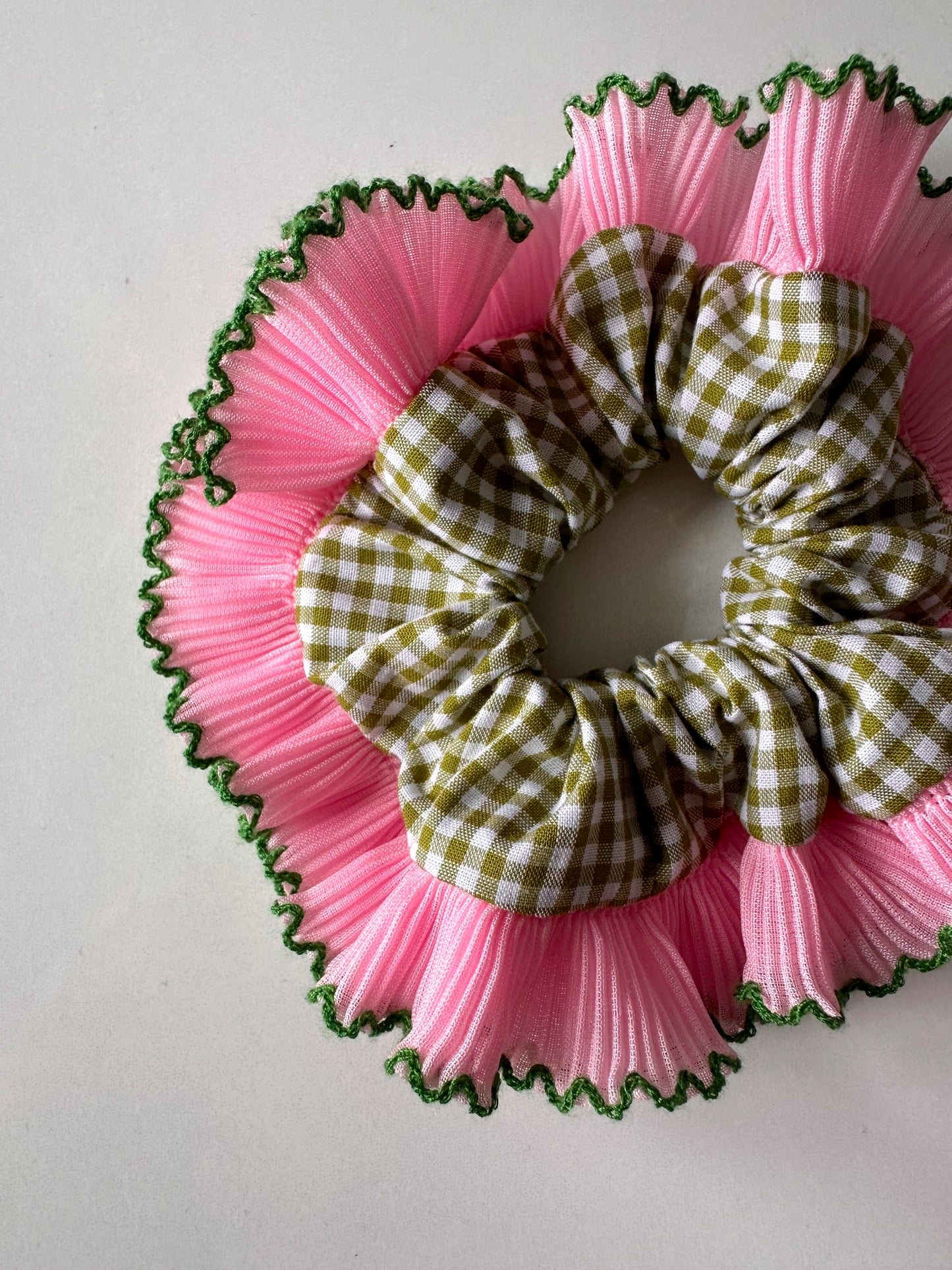 Mini Oversized Olive Green Gingham Scrunchie with Light Pink Frill Trim