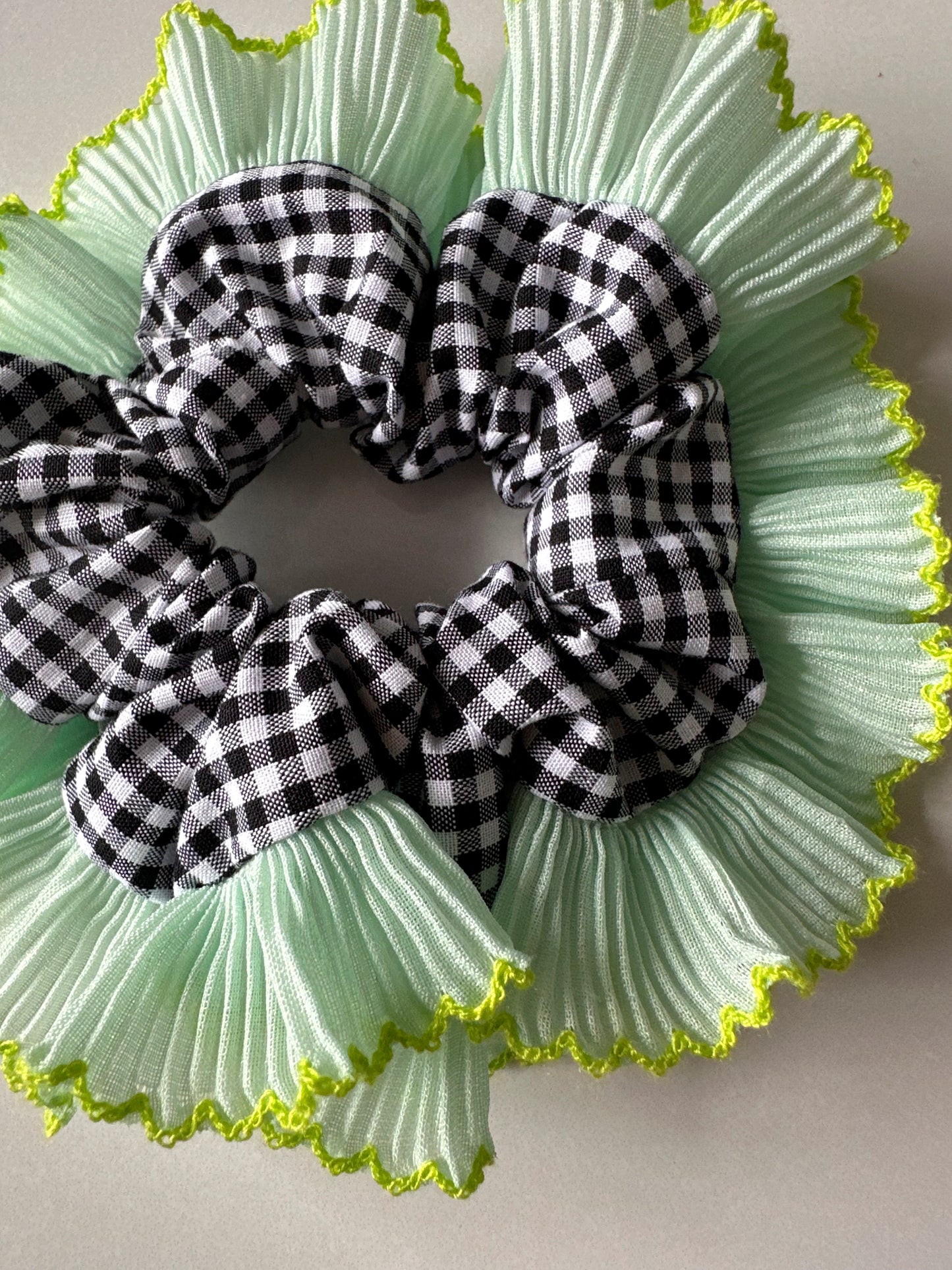 Mini Oversized Black Gingham Scrunchie with Green Frill Trim