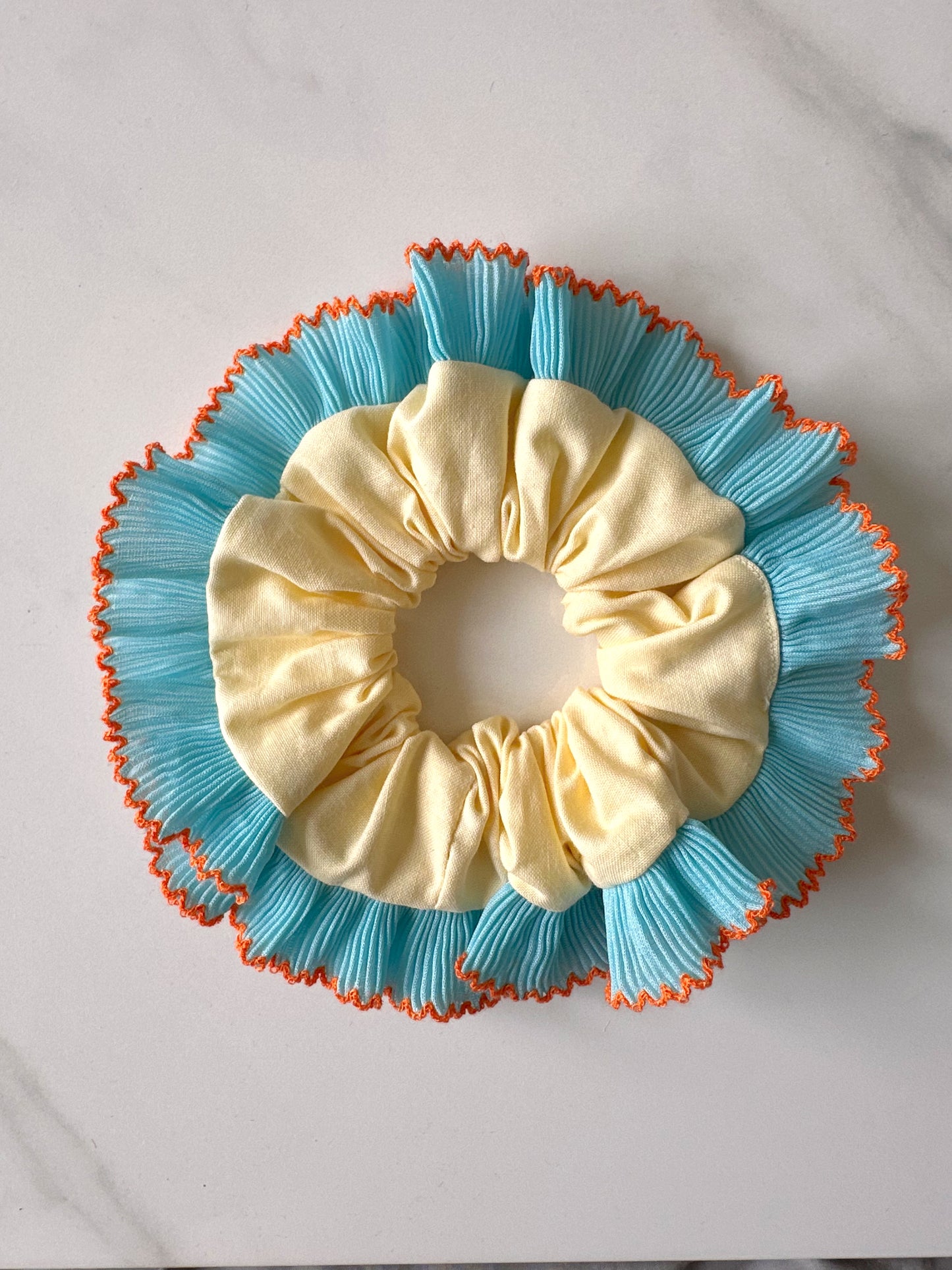 Oversized Butter Yellow Scrunchie with Blue Frill Trim
