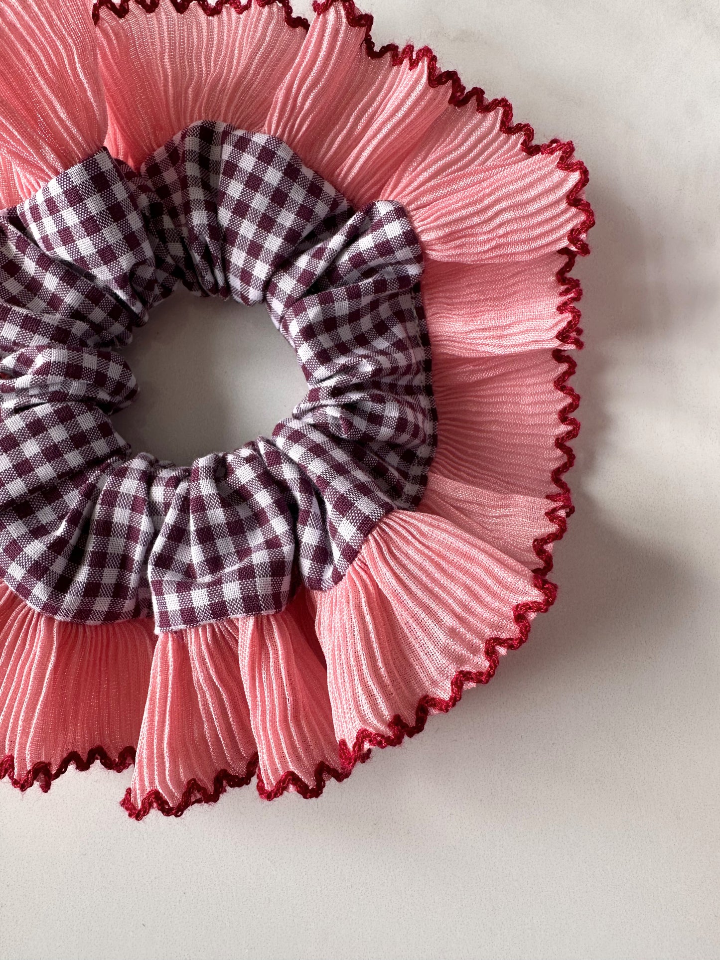 Mini Mulberry Gingham Scrunchie with Pink Frill Trim
