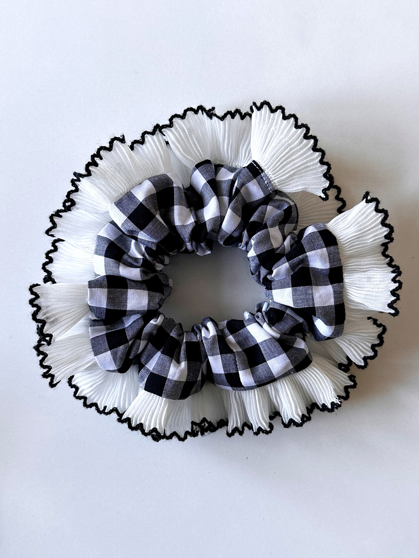 Black Gingham Scrunchie with White and Black Frill Trim