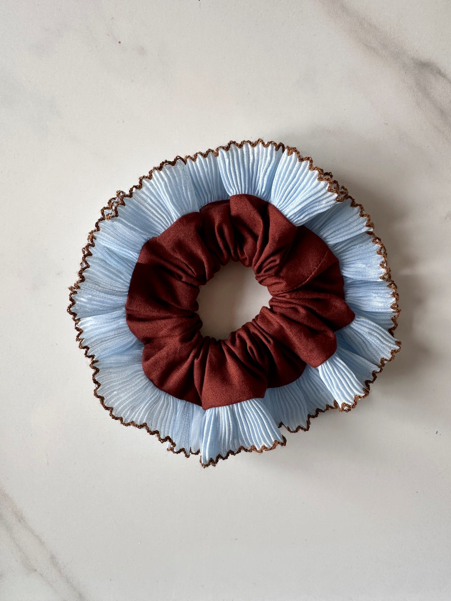 Mini Oversized Brown Scrunchie with Baby Blue Frill Trim