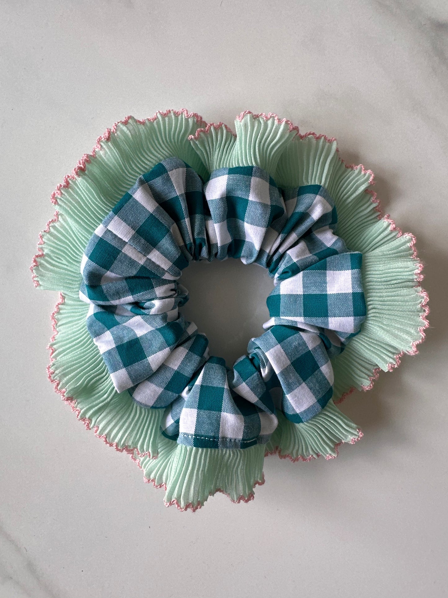 Teal Blue Gingham with Green and Pink Frill Trim