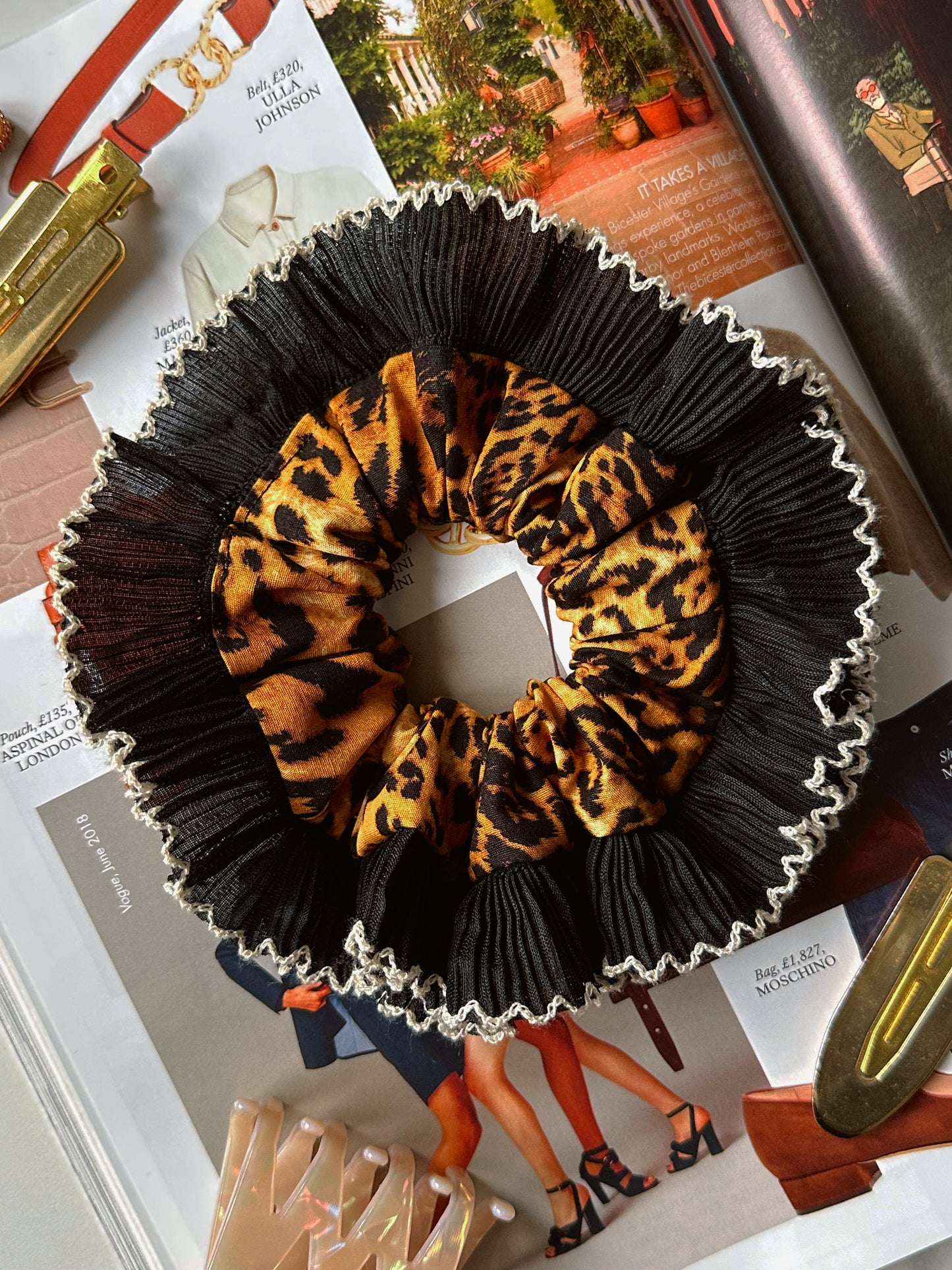 Mini Oversized Leopard Print Scrunchie with a Black Frill Trim