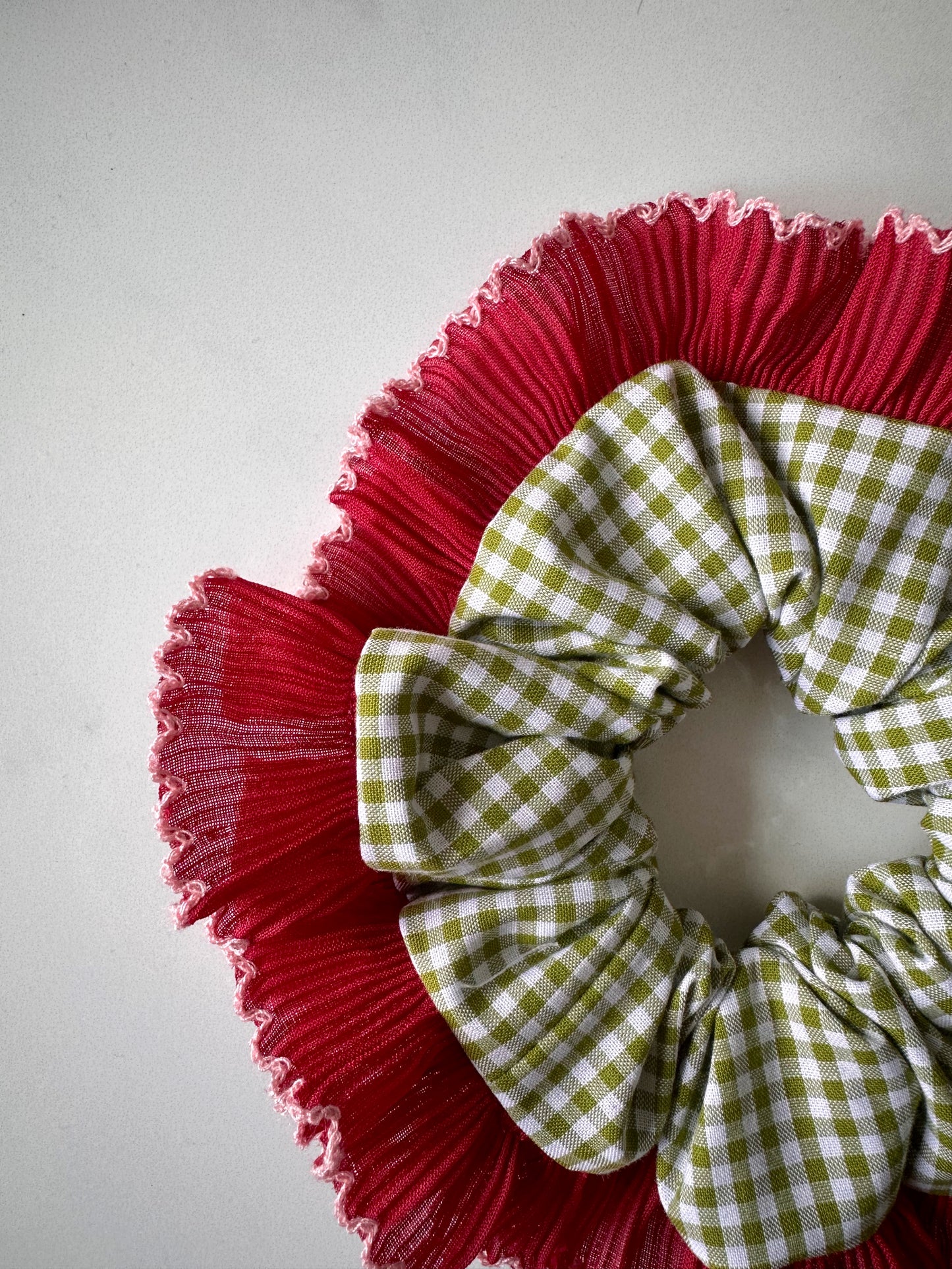 Olive Green Gingham Scrunchie with Red and White Frill Trim