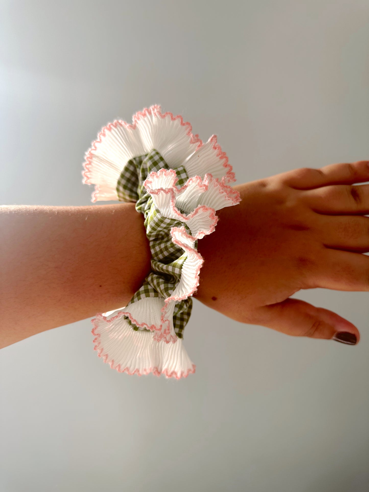 Handmade XL Olive Green Gingham Scrunchie with White and Pink Frill Trim