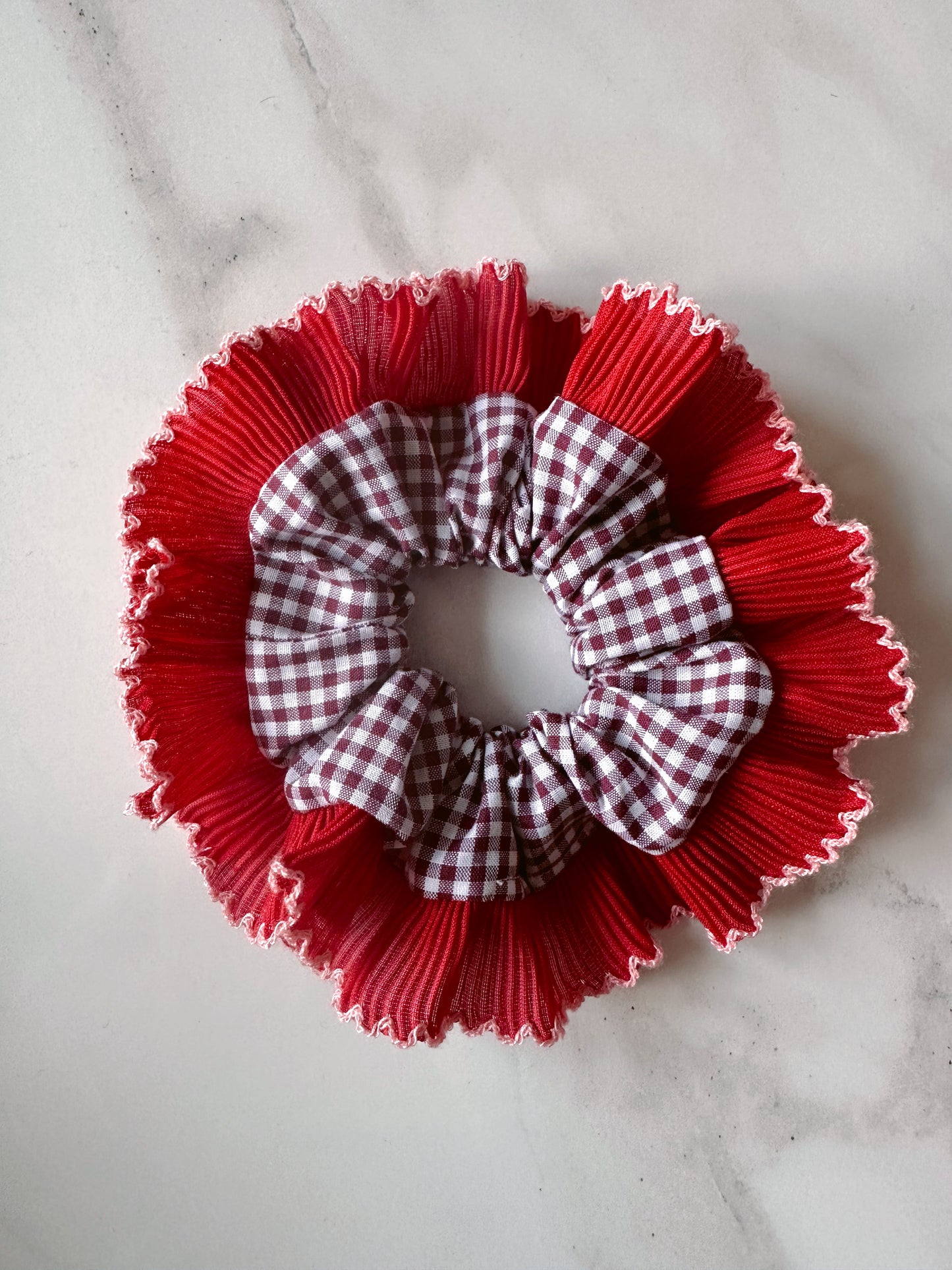 Mini Mulberry Gingham Scrunchie with Red Frill Trim