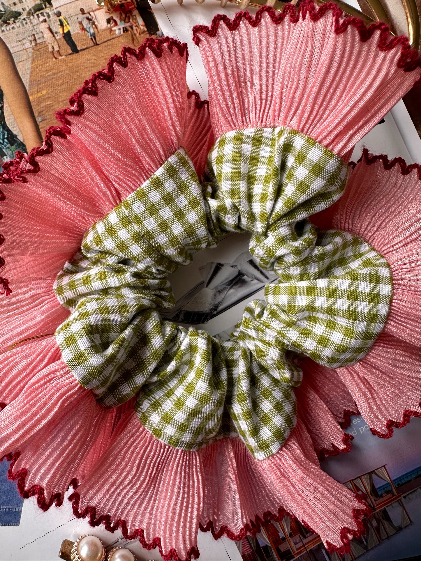 Mini Oversized Olive Green Gingham Scrunchie with Pink Frill Trim
