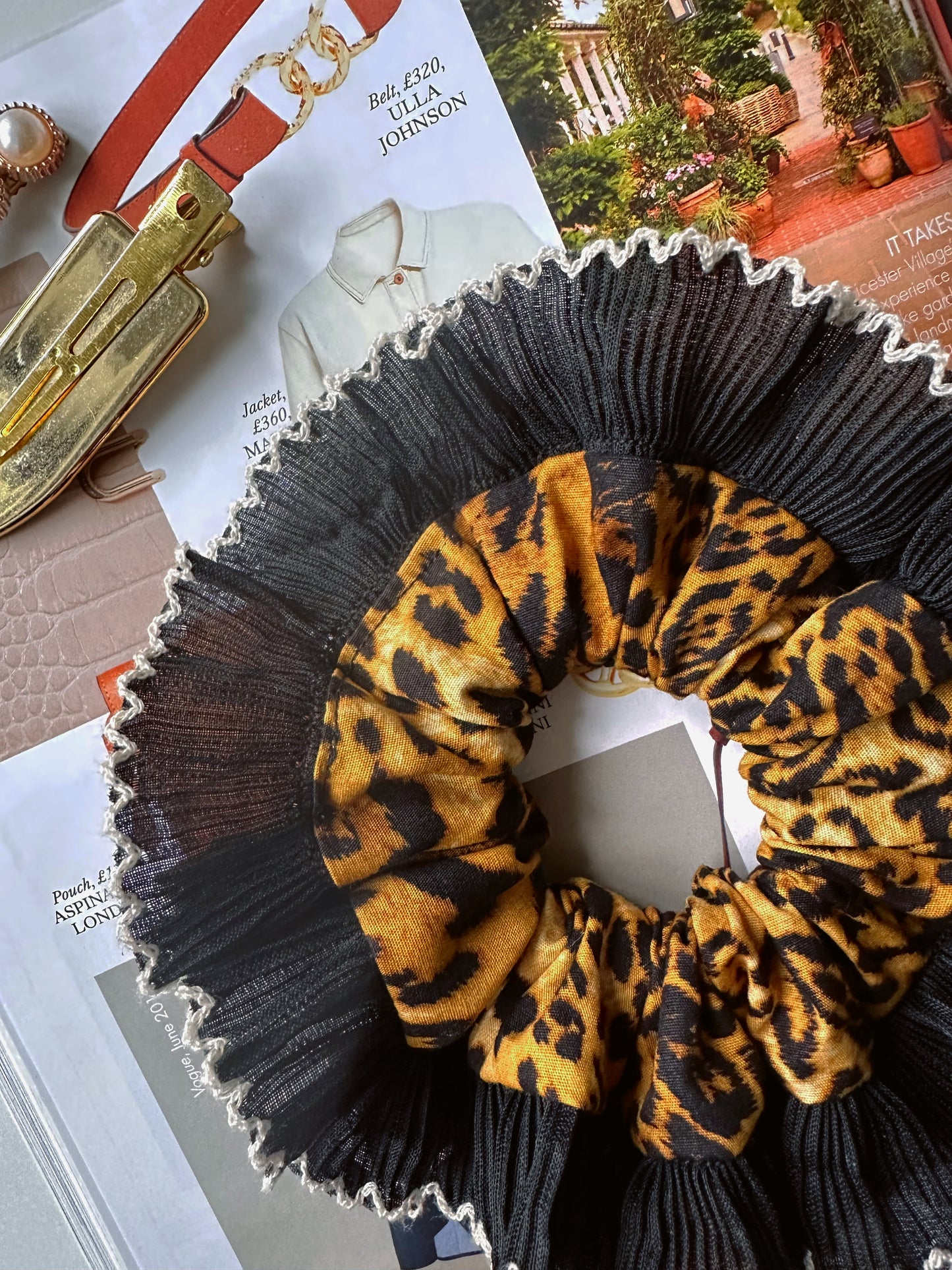 Mini Oversized Leopard Print Scrunchie with a Black Frill Trim