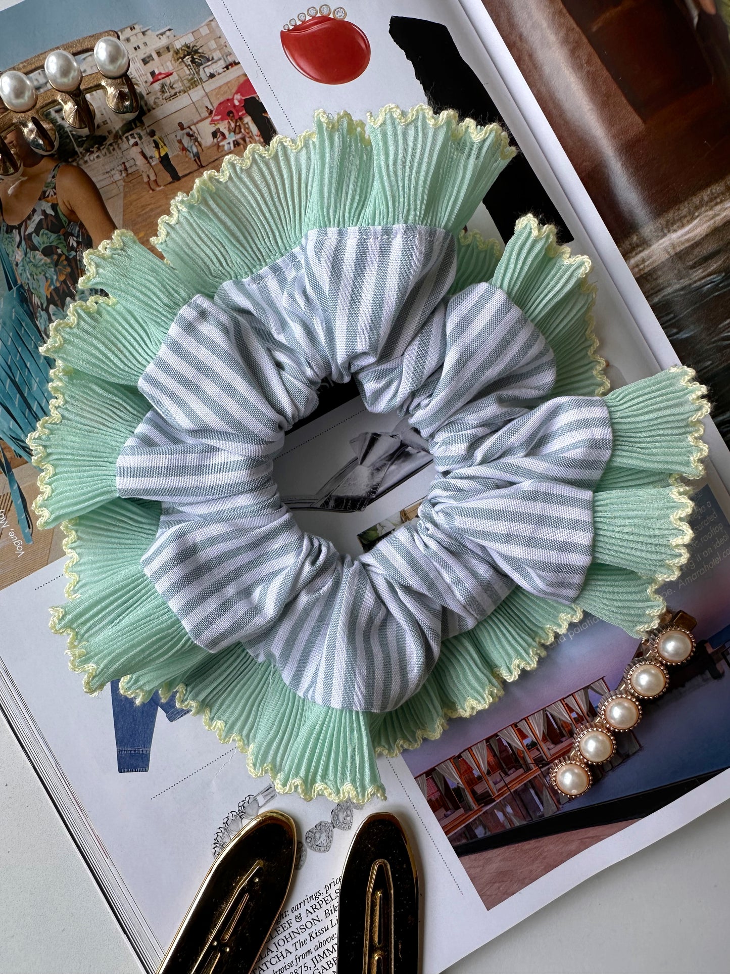 Blue Striped Scrunchie with Green and White Frill Trim