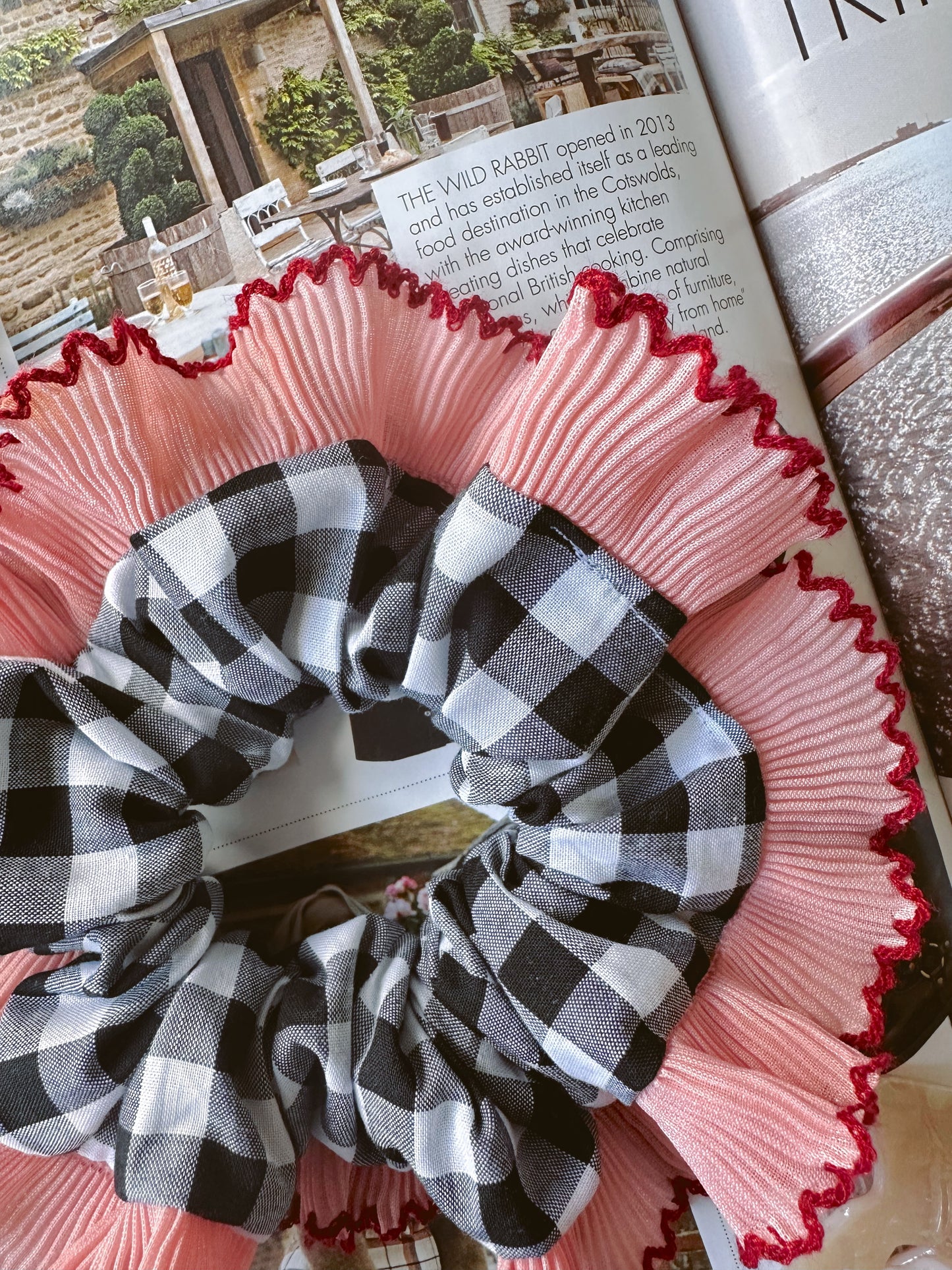 Handmade XL Black Gingham Scrunchie with Pink and Red Frill Trim