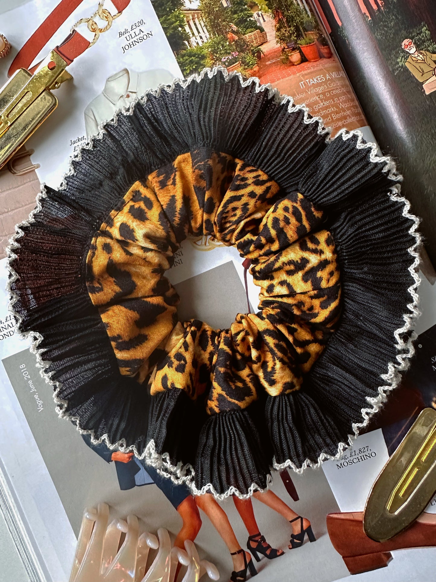 Mini Oversized Leopard Print Scrunchie with a Black Frill Trim