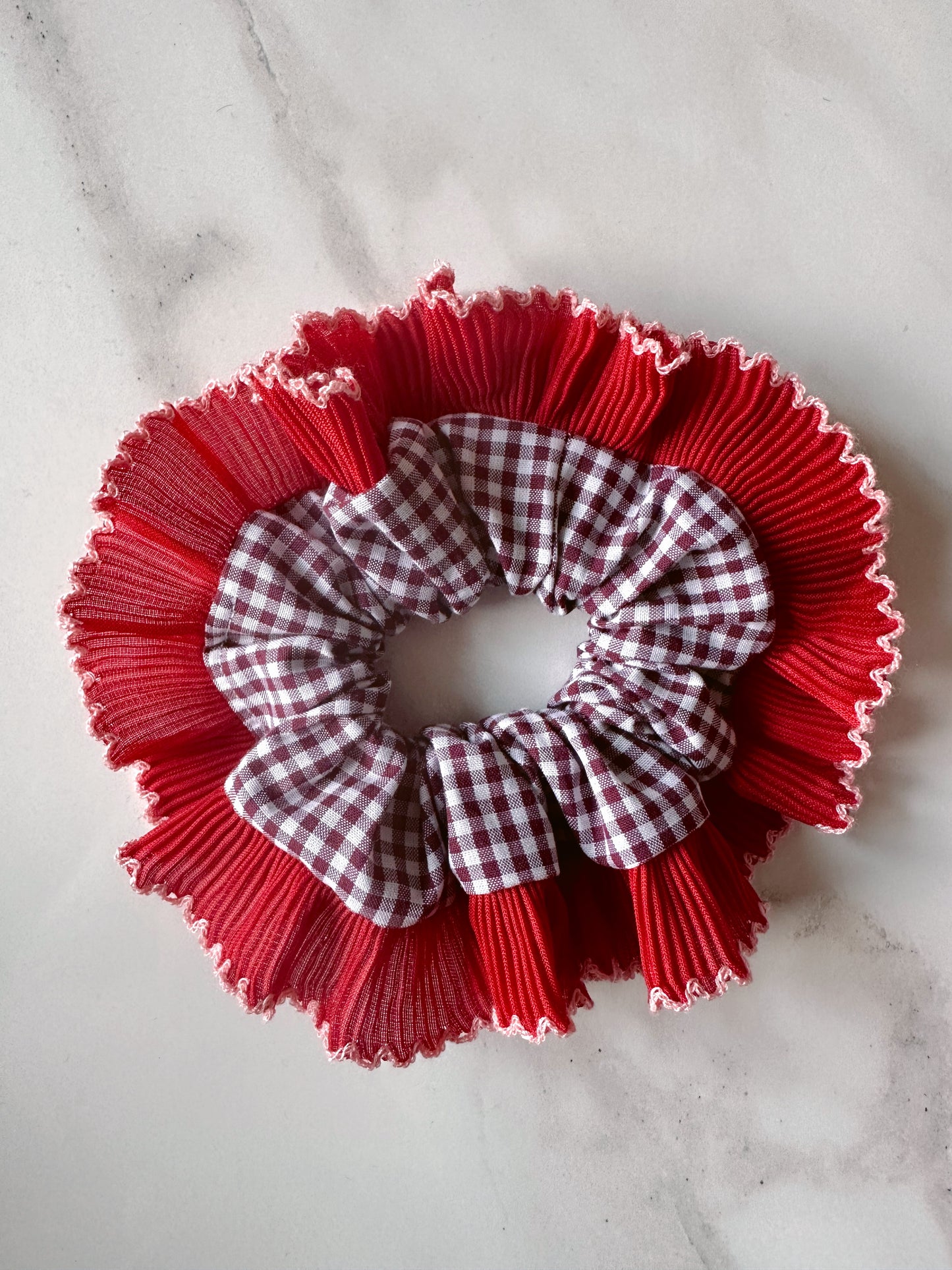 Mini Mulberry Gingham Scrunchie with Red Frill Trim