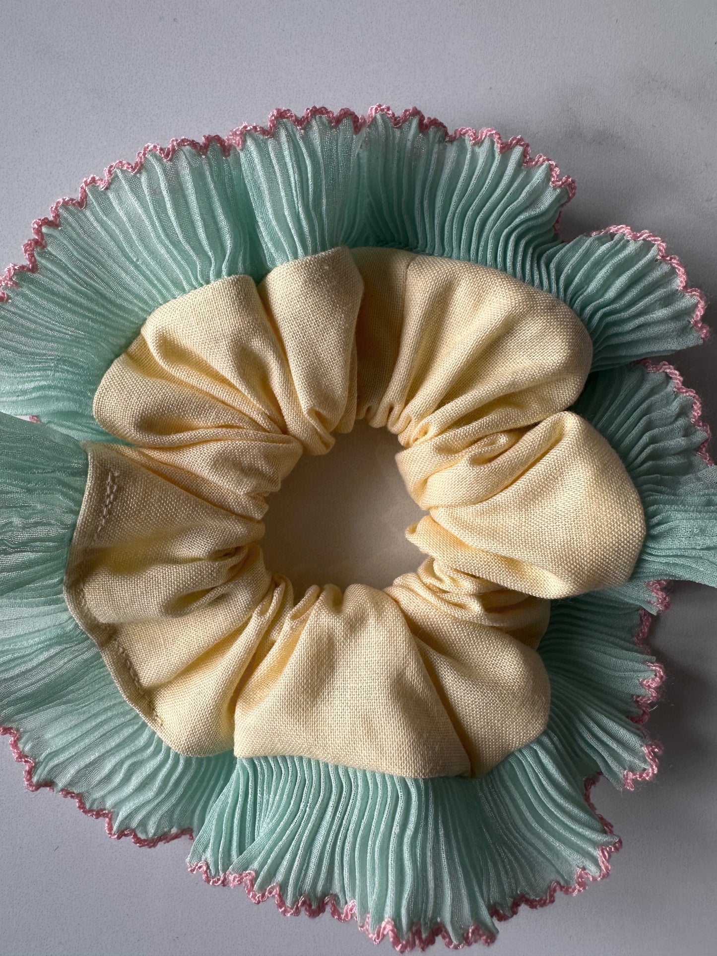 Mini Oversized Butter Yellow Scrunchie with Green Frill Trim