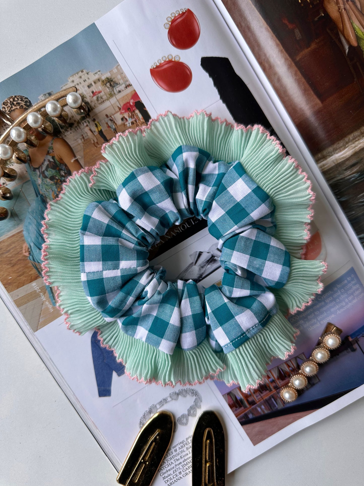 Teal Blue Gingham with Green and Pink Frill Trim