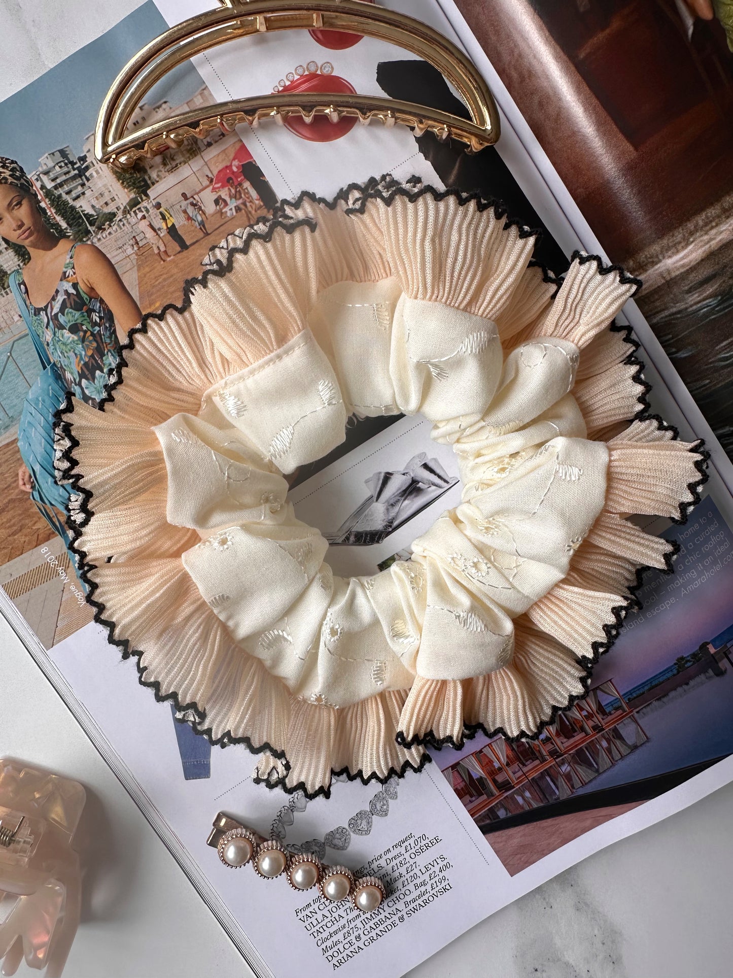 Cream Broderie Anglaise Scrunchie with Cream and Black Frill Trim
