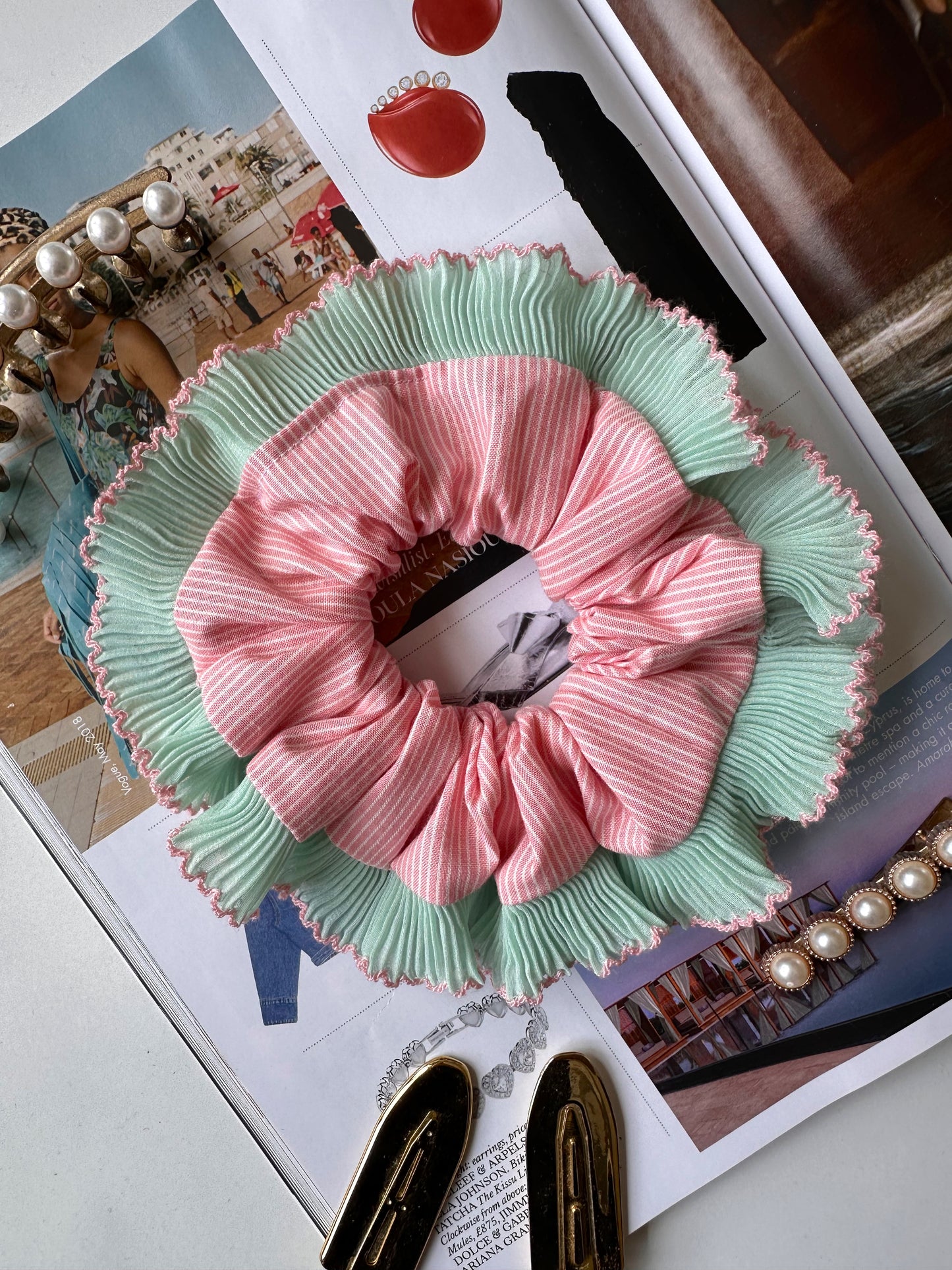 Pink Striped Scrunchie with Green and Pink Frill Trim