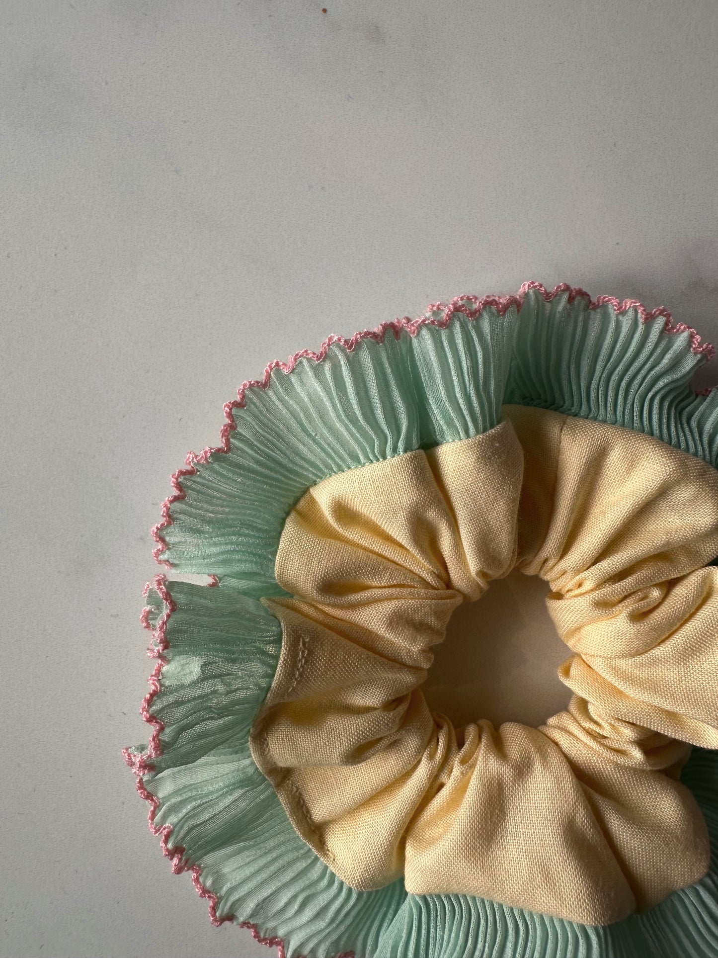 Mini Oversized Butter Yellow Scrunchie with Green Frill Trim