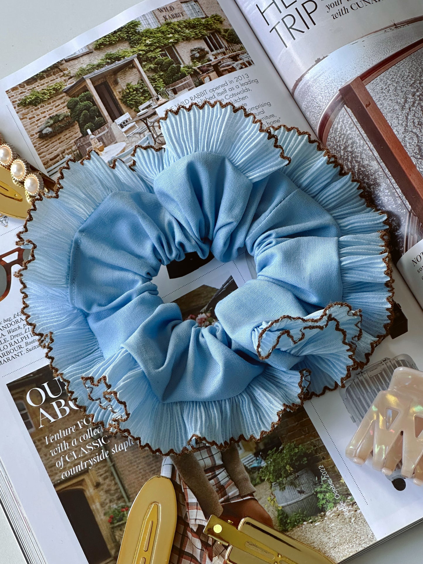 Handmade XL Light Blue Ruffle Scrunchie with Brown Trim