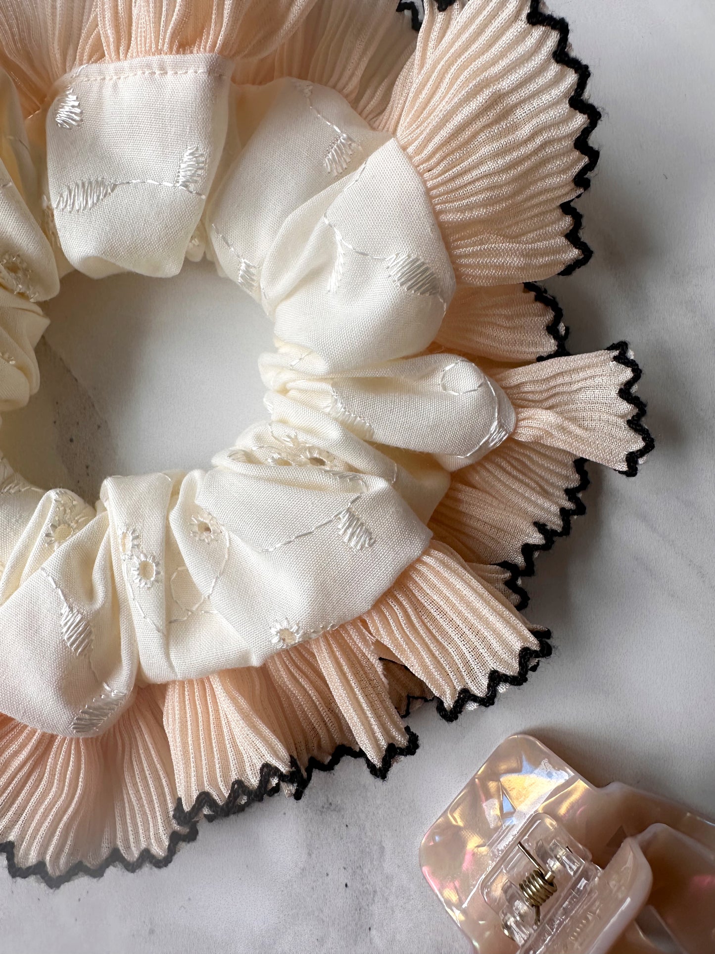 Cream Broderie Anglaise Scrunchie with Cream and Black Frill Trim