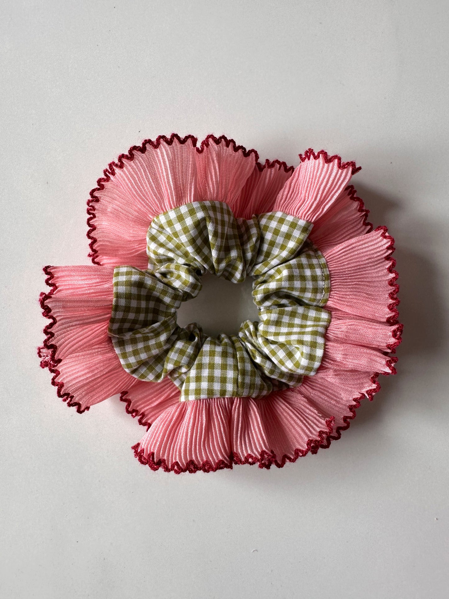 Mini Oversized Olive Green Gingham Scrunchie with Pink Frill Trim