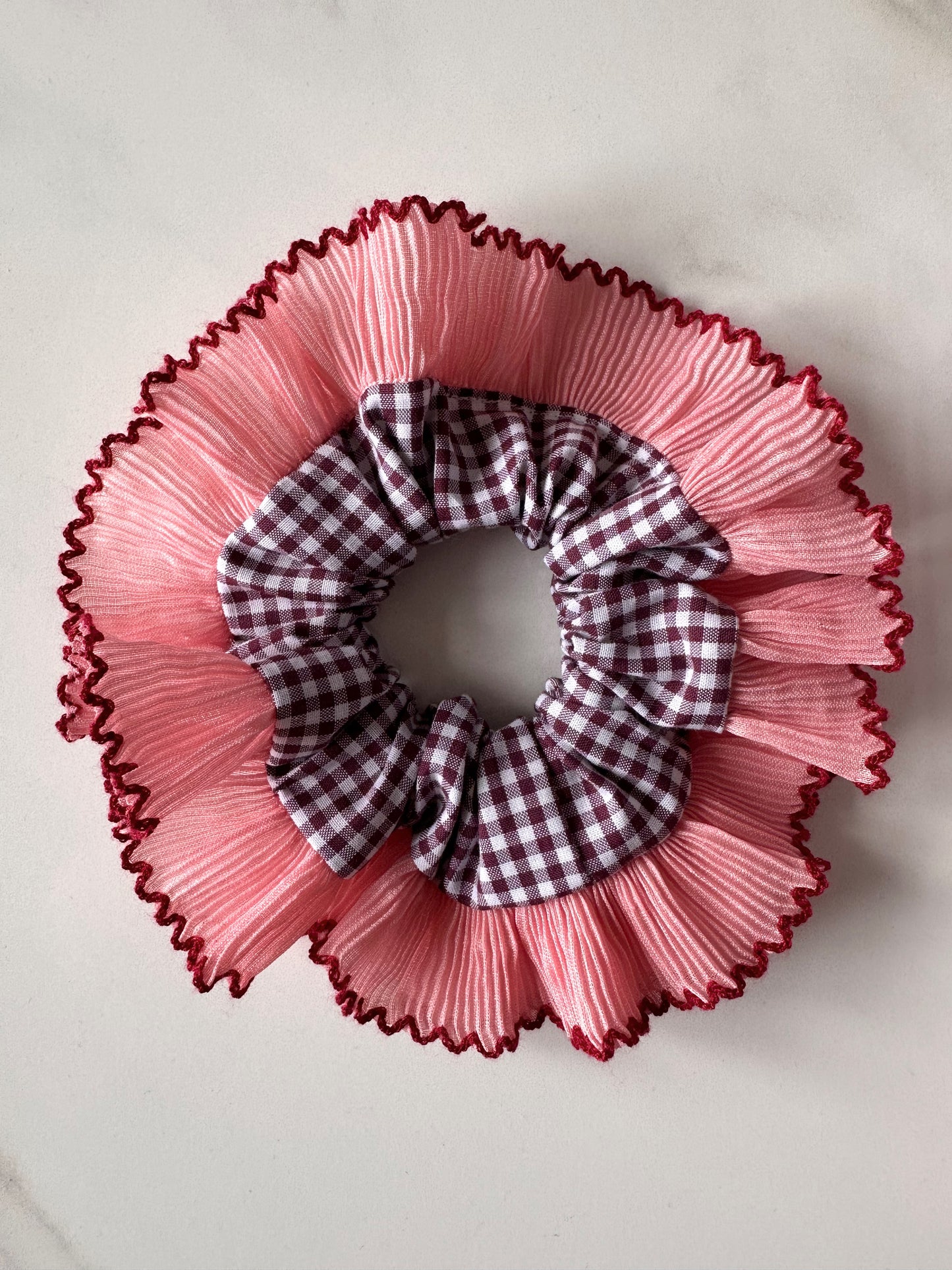 Mini Mulberry Gingham Scrunchie with Pink Frill Trim