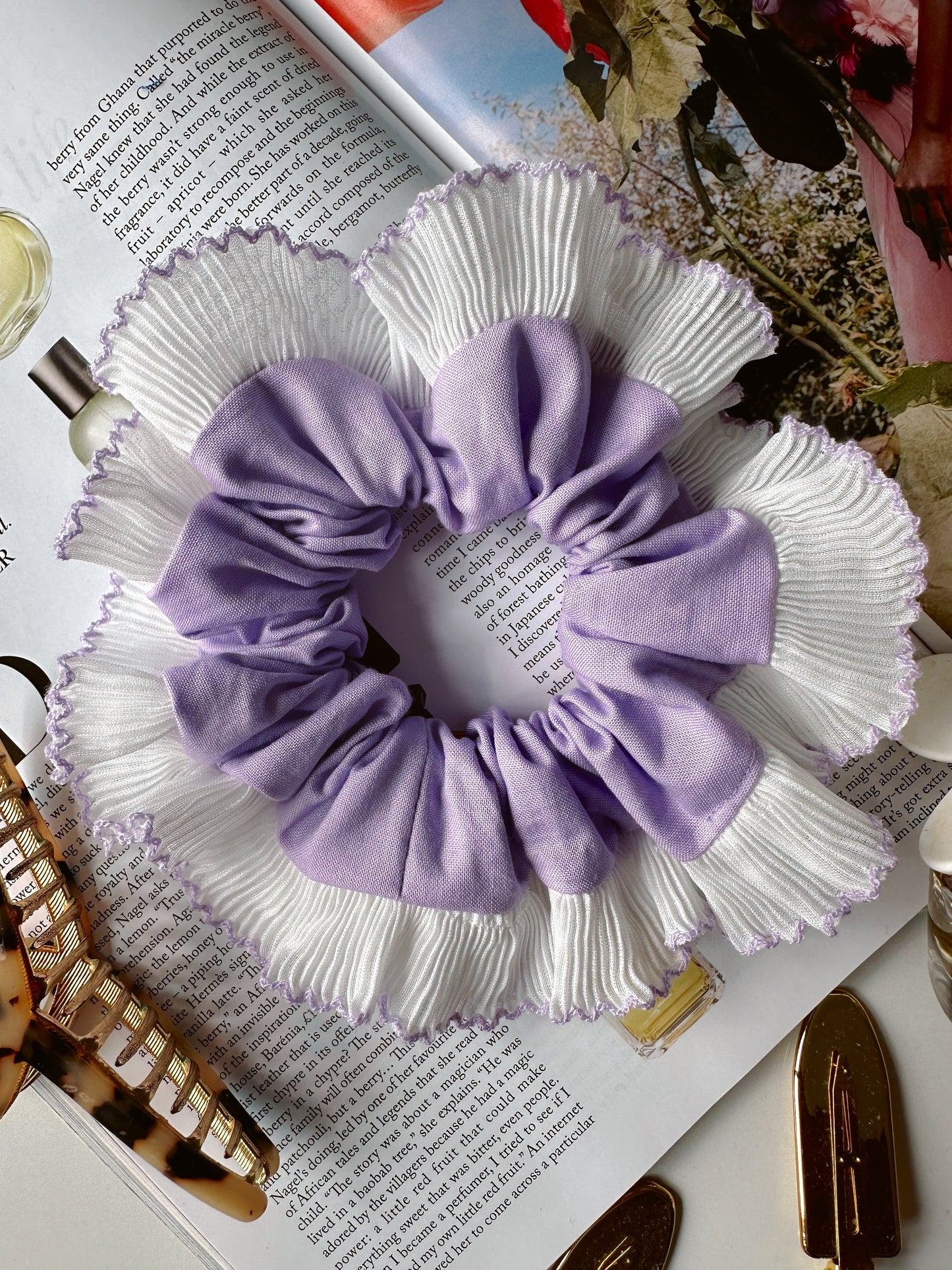 Handmade XL Lavender Purple Scrunchie with White and Purple Frill Trim