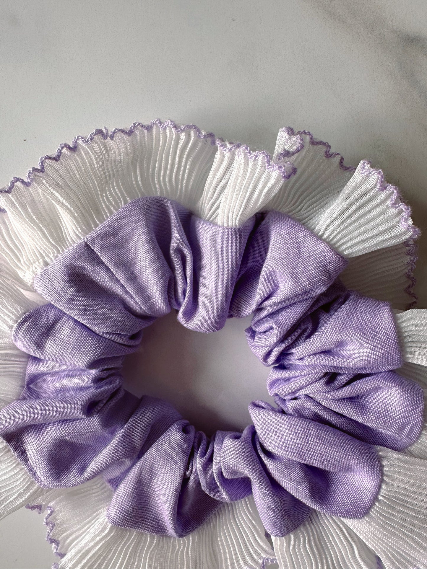 Handmade XL Lavender Purple Scrunchie with White and Purple Frill Trim