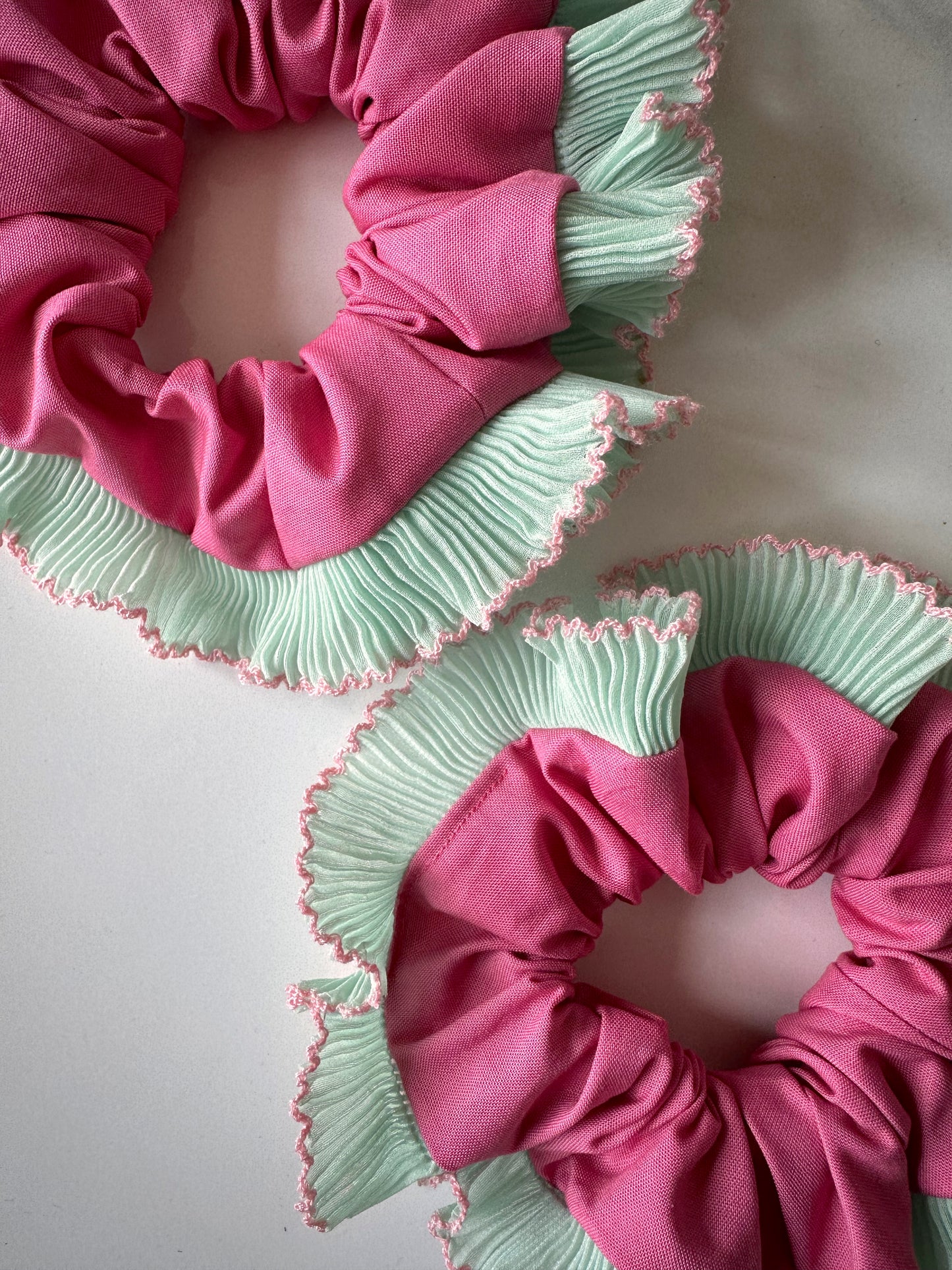 Pink Scrunchie with Green and Pink Frill Trim