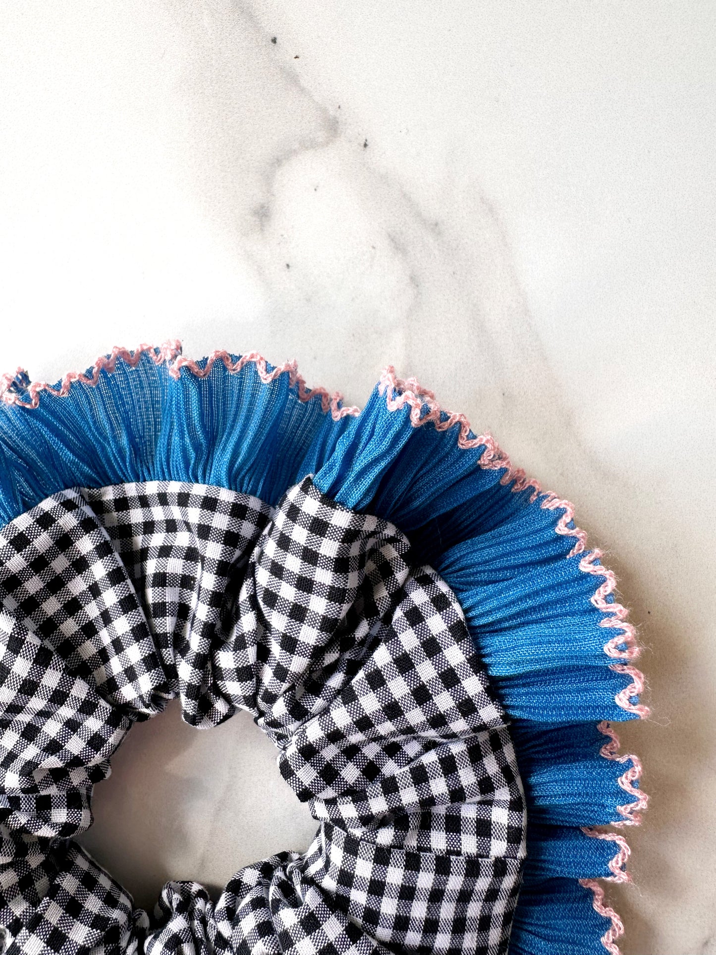 Handmade XL Black Gingham Scrunchie with Blue and Pink Frill Trim