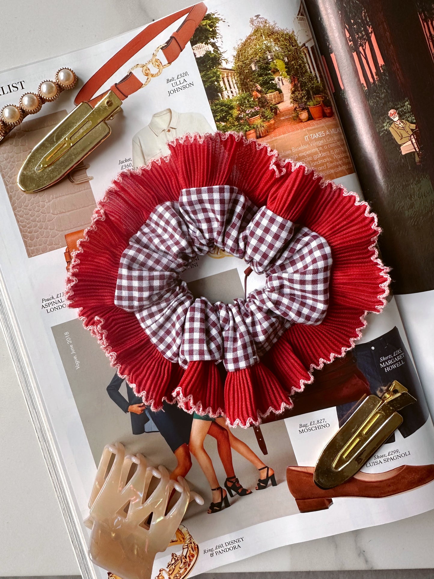 Mini Mulberry Gingham Scrunchie with Red Frill Trim