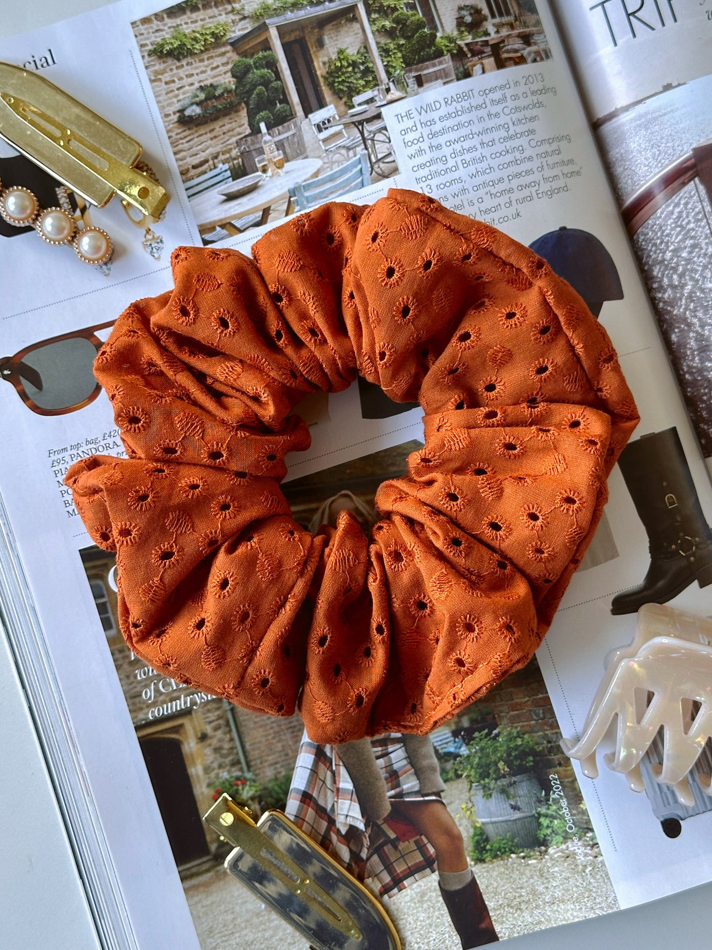 Handmade Rust Brown Embroidered Scrunchie
