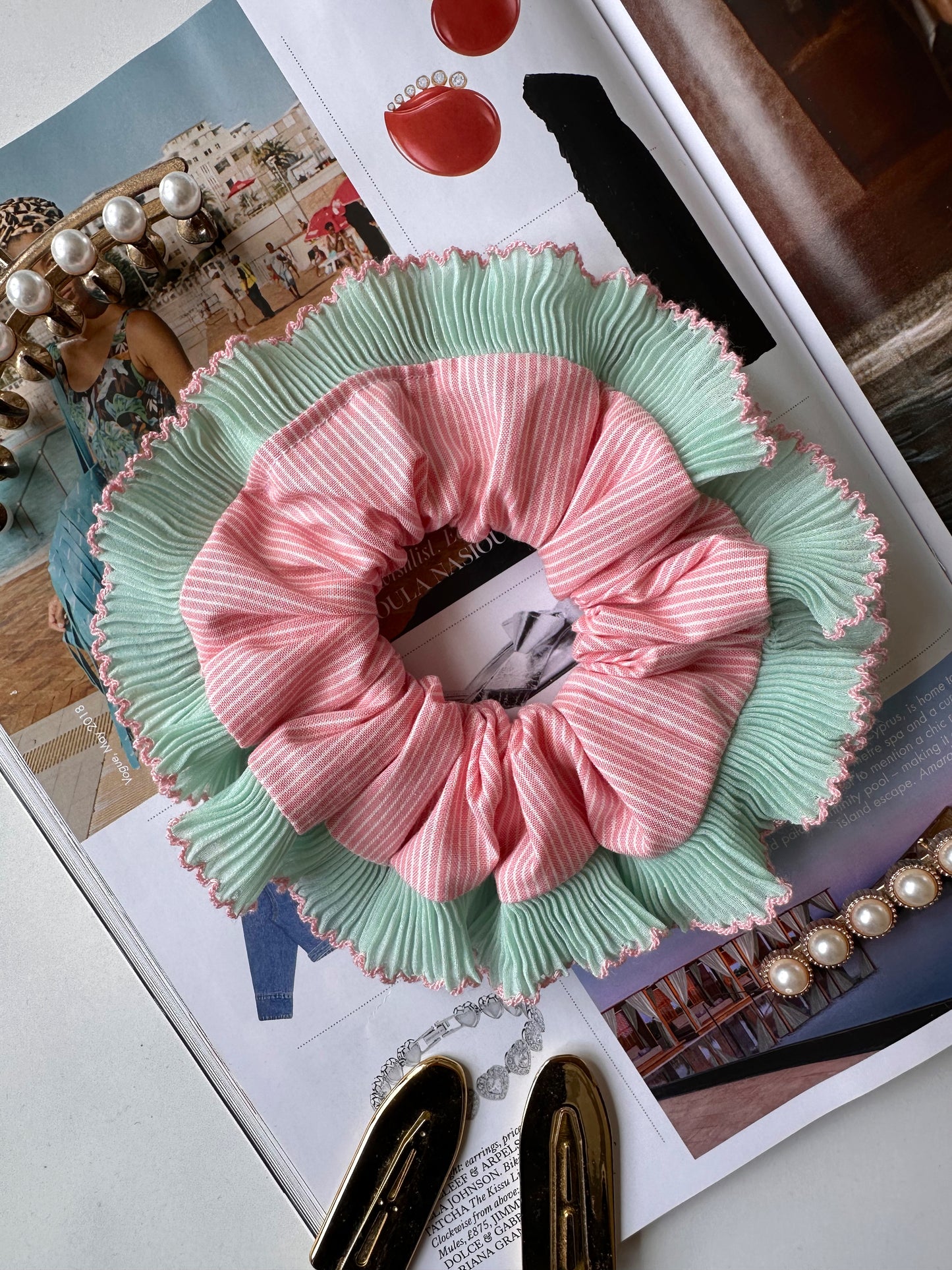 Pink Striped Scrunchie with Green and Pink Frill Trim